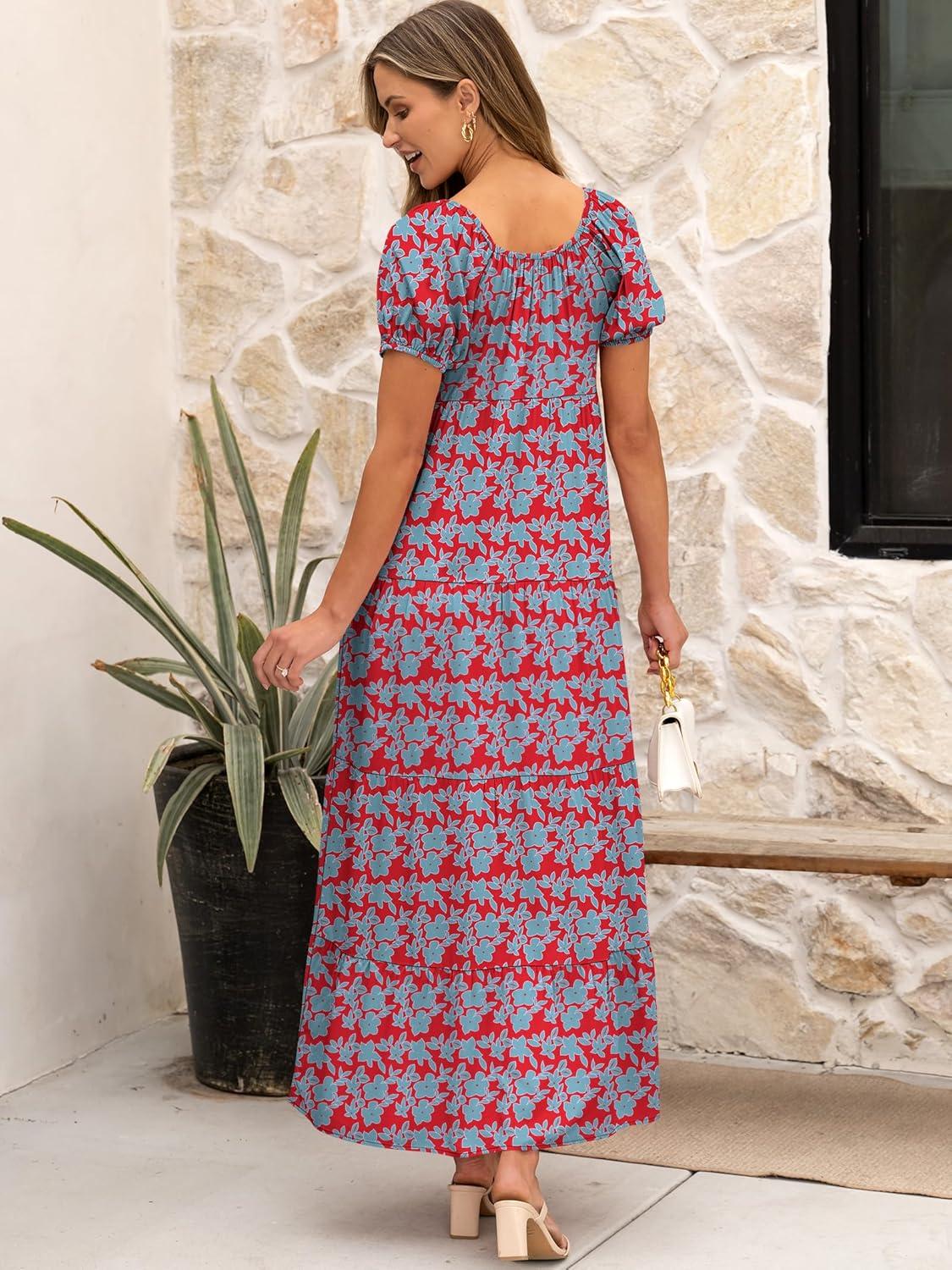 imageANRABESS Womens Boho Maxi Dresses 2025 Summer Casual Floral Puff Short Sleeve Tie Front Flowy Swing Tiered Long Beach DressRed Blue