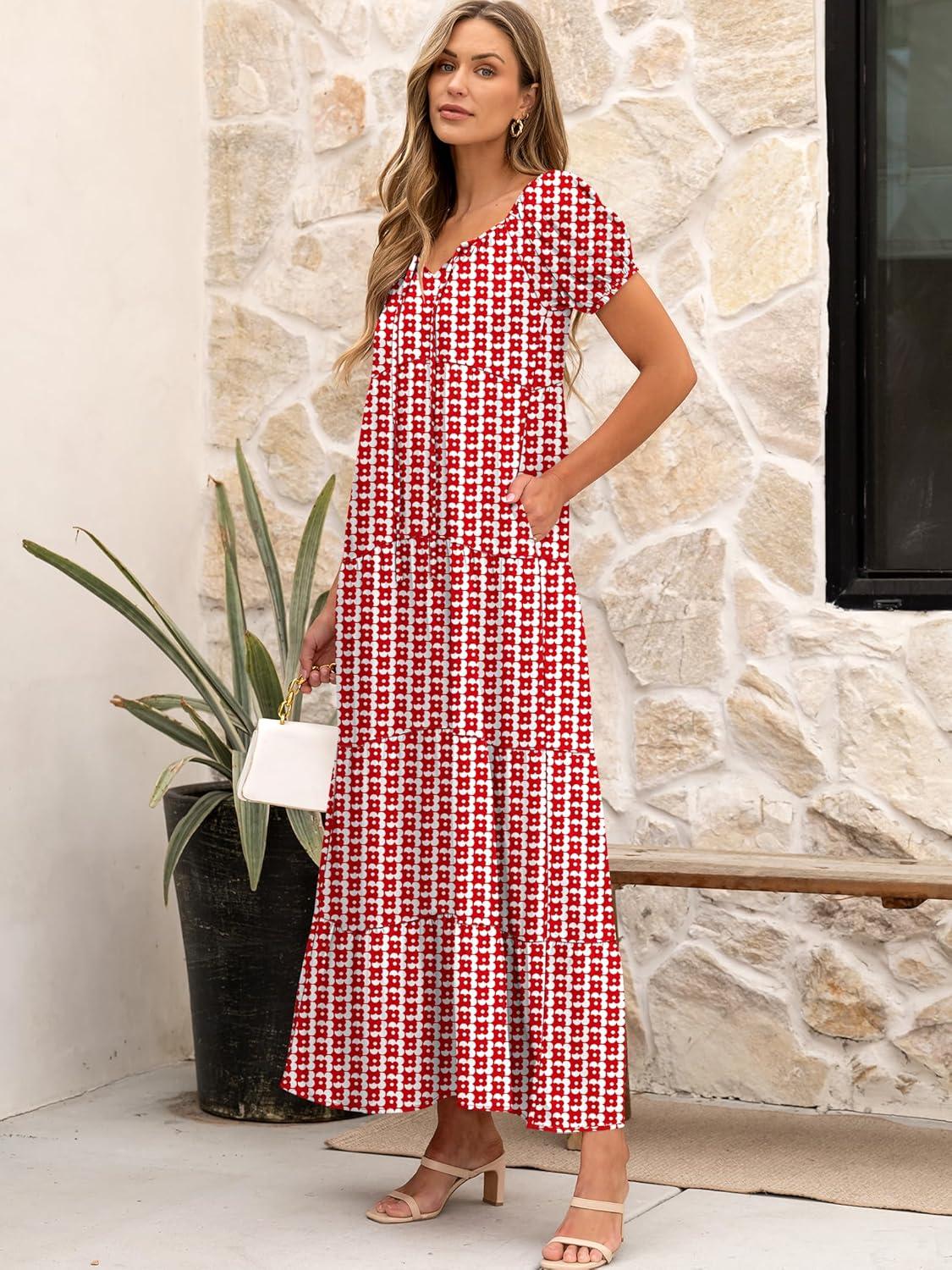 imageANRABESS Womens Boho Maxi Dresses 2025 Summer Casual Floral Puff Short Sleeve Tie Front Flowy Swing Tiered Long Beach DressRed Floral