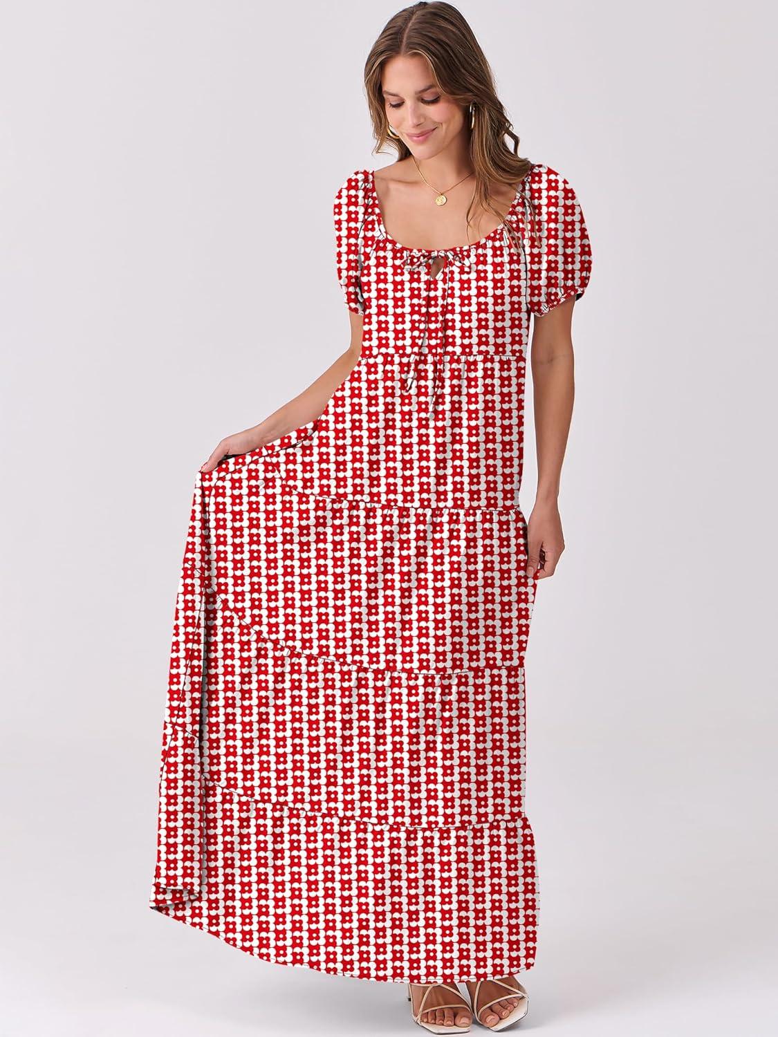 imageANRABESS Womens Boho Maxi Dresses 2025 Summer Casual Floral Puff Short Sleeve Tie Front Flowy Swing Tiered Long Beach DressRed Floral