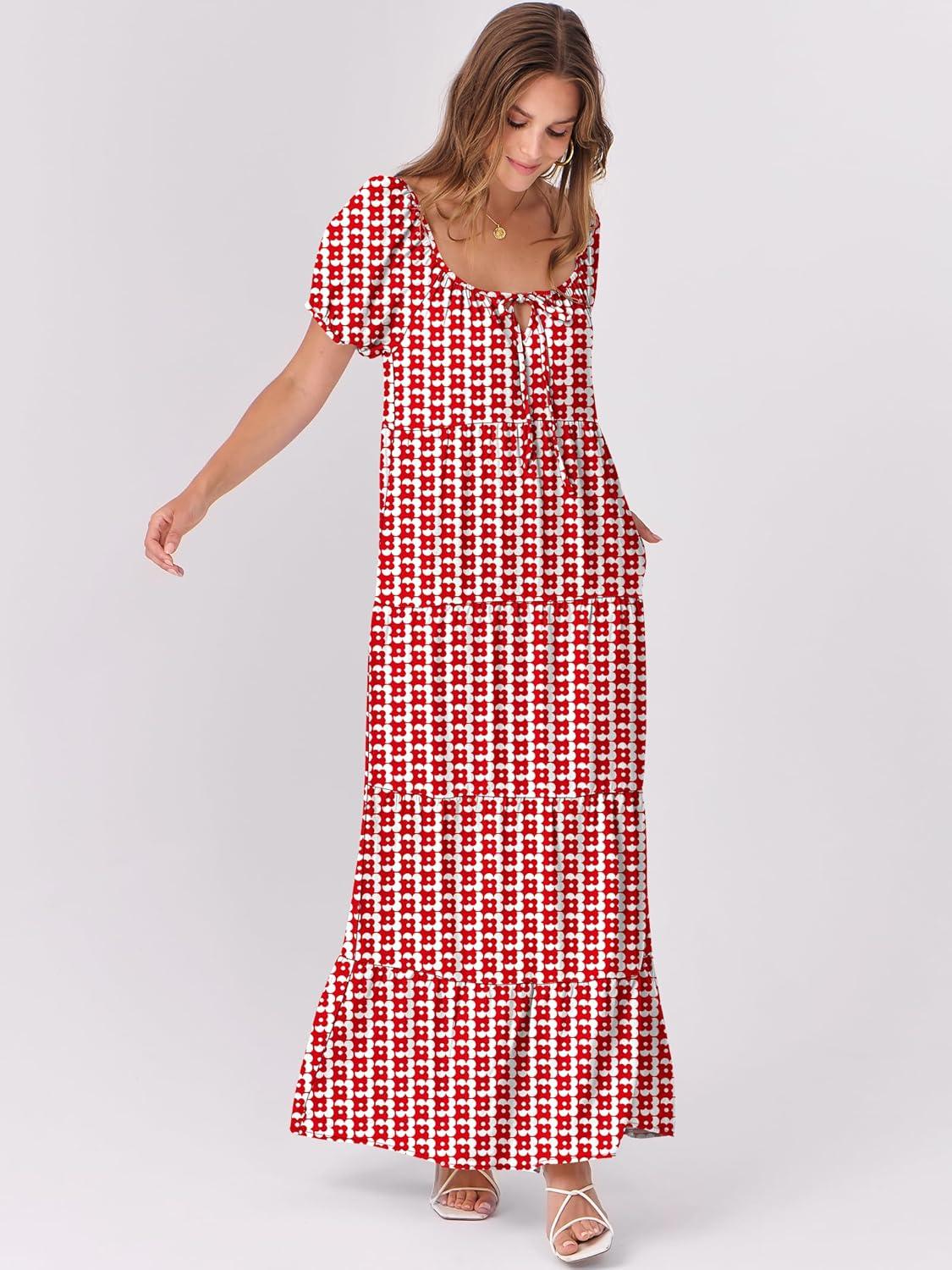 imageANRABESS Womens Boho Maxi Dresses 2025 Summer Casual Floral Puff Short Sleeve Tie Front Flowy Swing Tiered Long Beach DressRed Floral