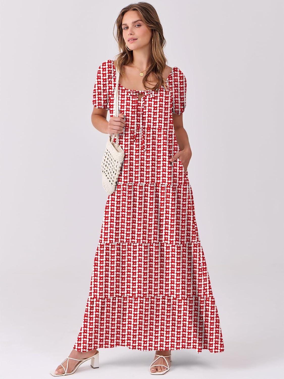 imageANRABESS Womens Boho Maxi Dresses 2025 Summer Casual Floral Puff Short Sleeve Tie Front Flowy Swing Tiered Long Beach DressRed Floral