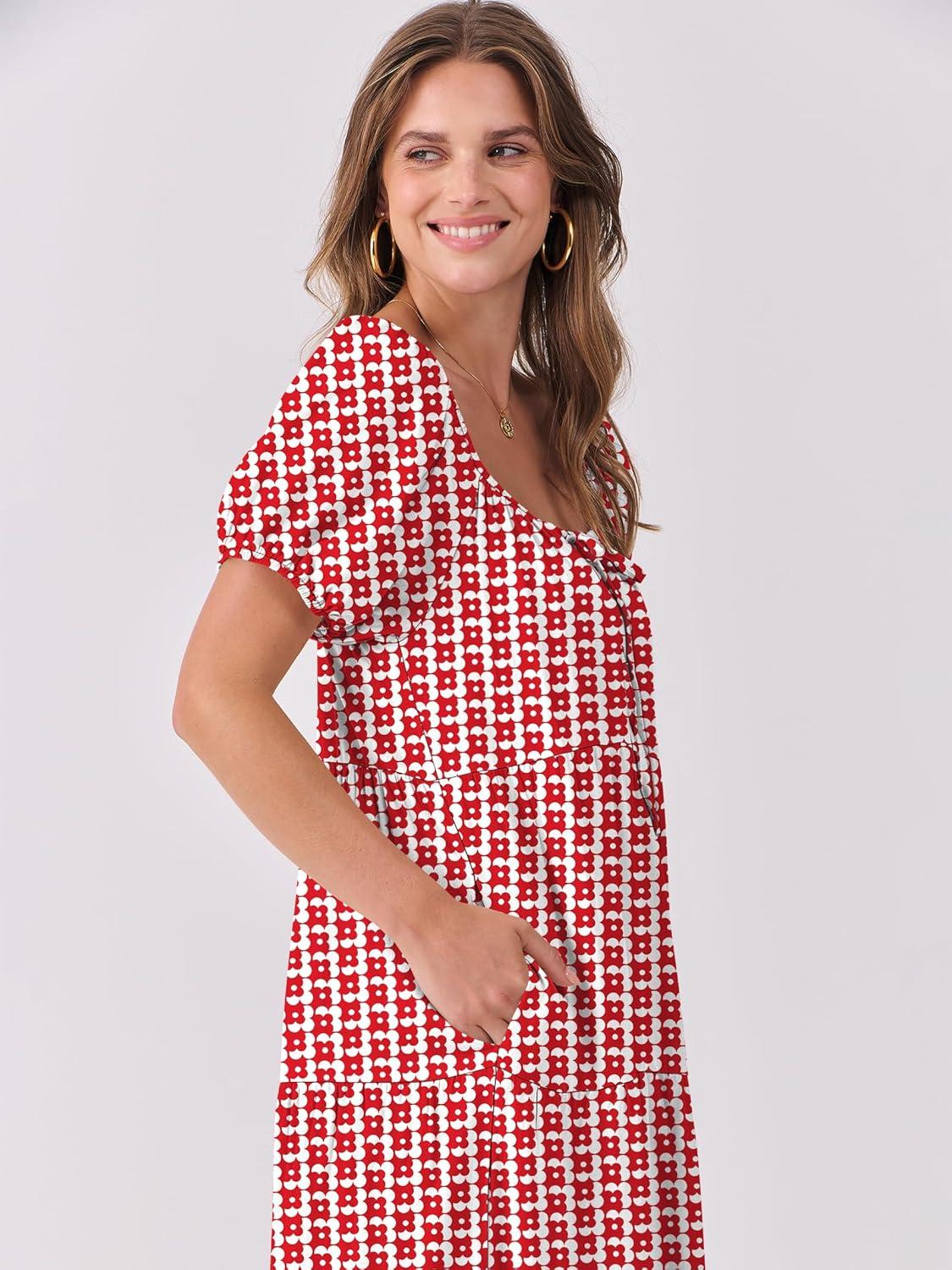 imageANRABESS Womens Boho Maxi Dresses 2025 Summer Casual Floral Puff Short Sleeve Tie Front Flowy Swing Tiered Long Beach DressRed Floral