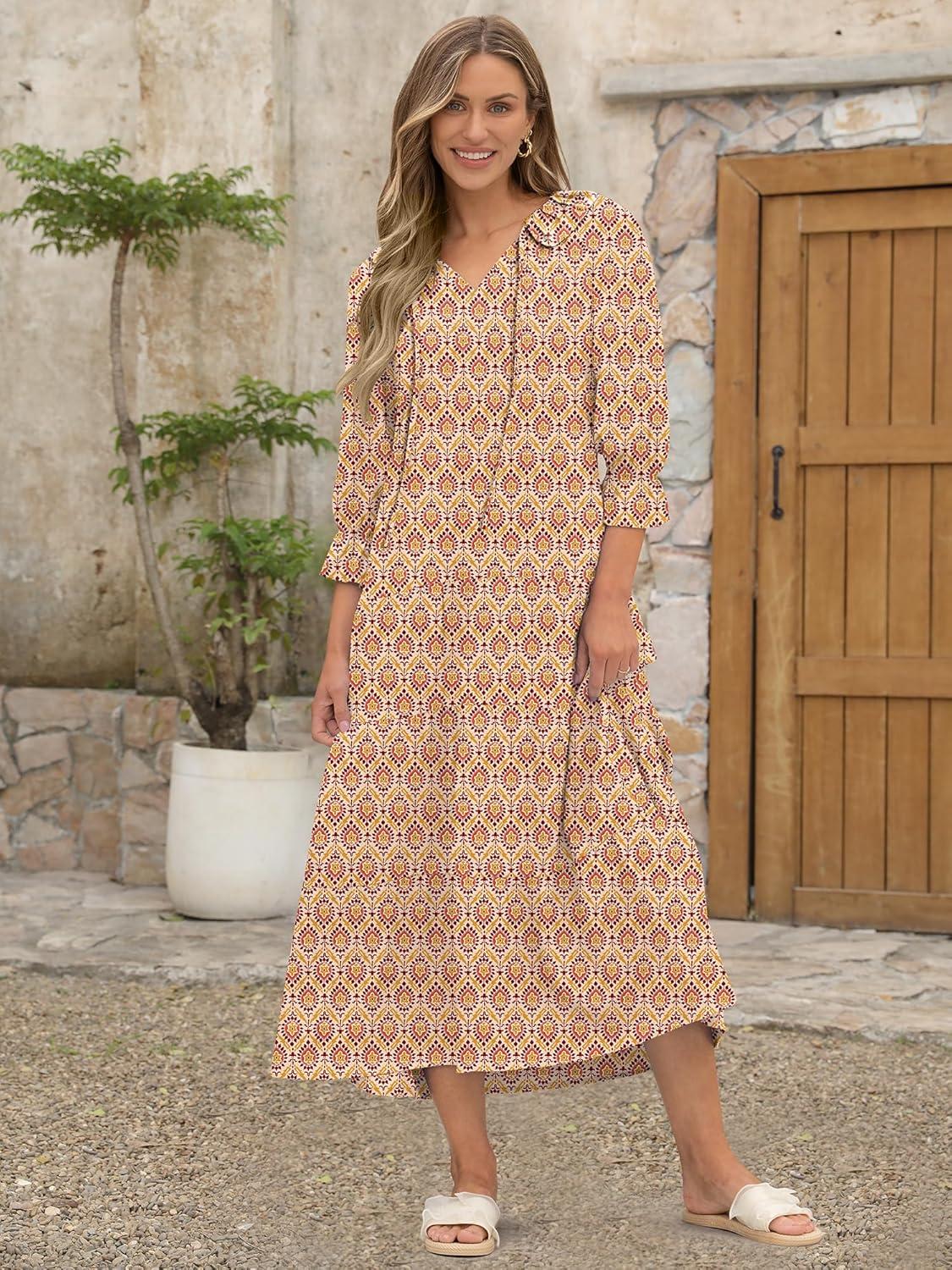 imageANRABESS Womens Boho Maxi Dresses 2025 Summer Casual V Neck Puff Sleeve Floral Tiered Flowy Swing Beach Vacation Long DressFloral Apricot Red