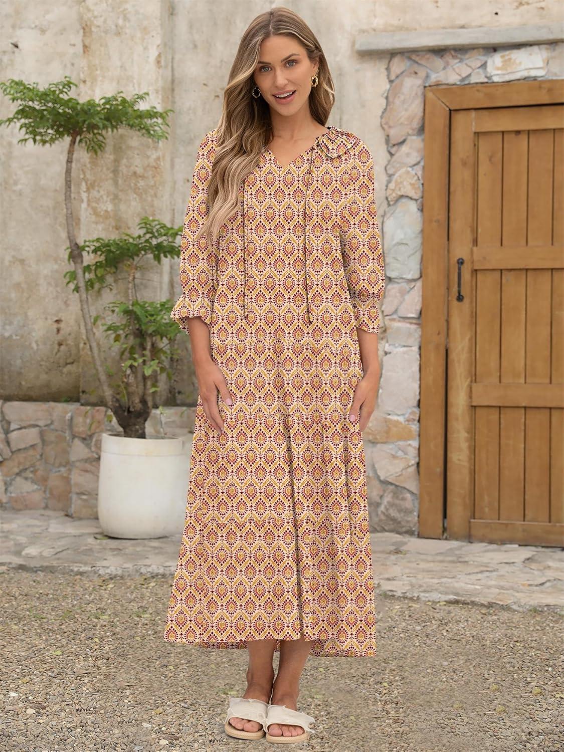 imageANRABESS Womens Boho Maxi Dresses 2025 Summer Casual V Neck Puff Sleeve Floral Tiered Flowy Swing Beach Vacation Long DressFloral Apricot Red