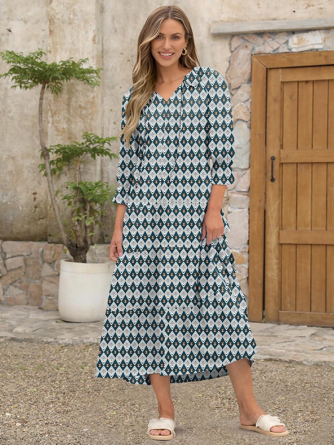 imageANRABESS Womens Boho Maxi Dresses 2025 Summer Casual V Neck Puff Sleeve Floral Tiered Flowy Swing Beach Vacation Long DressFloral Dark Green