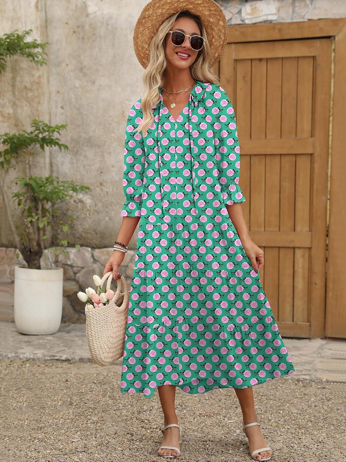 imageANRABESS Womens Boho Maxi Dresses 2025 Summer Casual V Neck Puff Sleeve Floral Tiered Flowy Swing Beach Vacation Long DressFloral Green