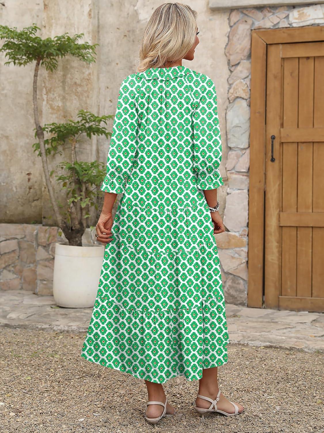 imageANRABESS Womens Boho Maxi Dresses 2025 Summer Casual V Neck Puff Sleeve Floral Tiered Flowy Swing Beach Vacation Long DressFloral Green White