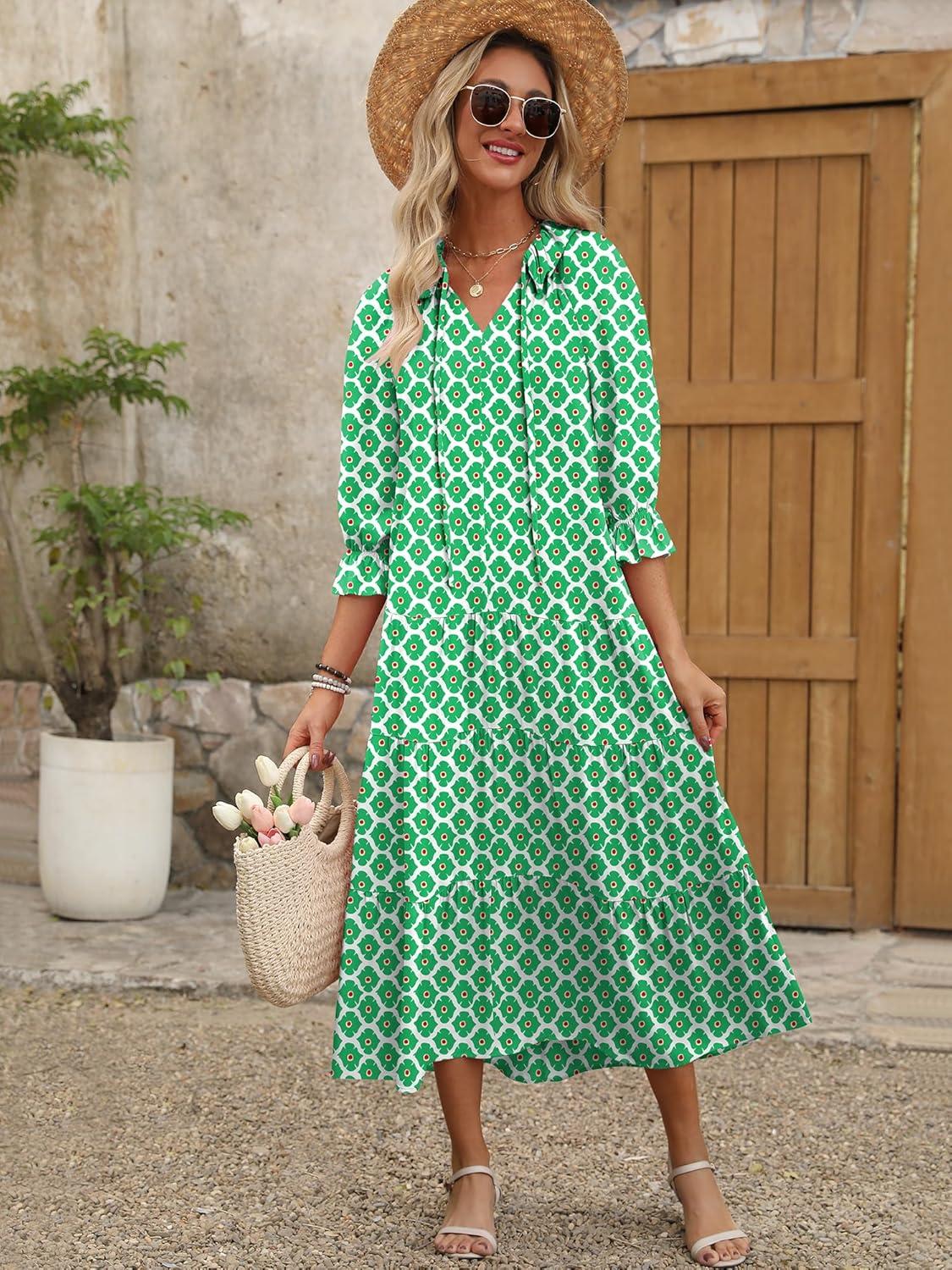 imageANRABESS Womens Boho Maxi Dresses 2025 Summer Casual V Neck Puff Sleeve Floral Tiered Flowy Swing Beach Vacation Long DressFloral Green White