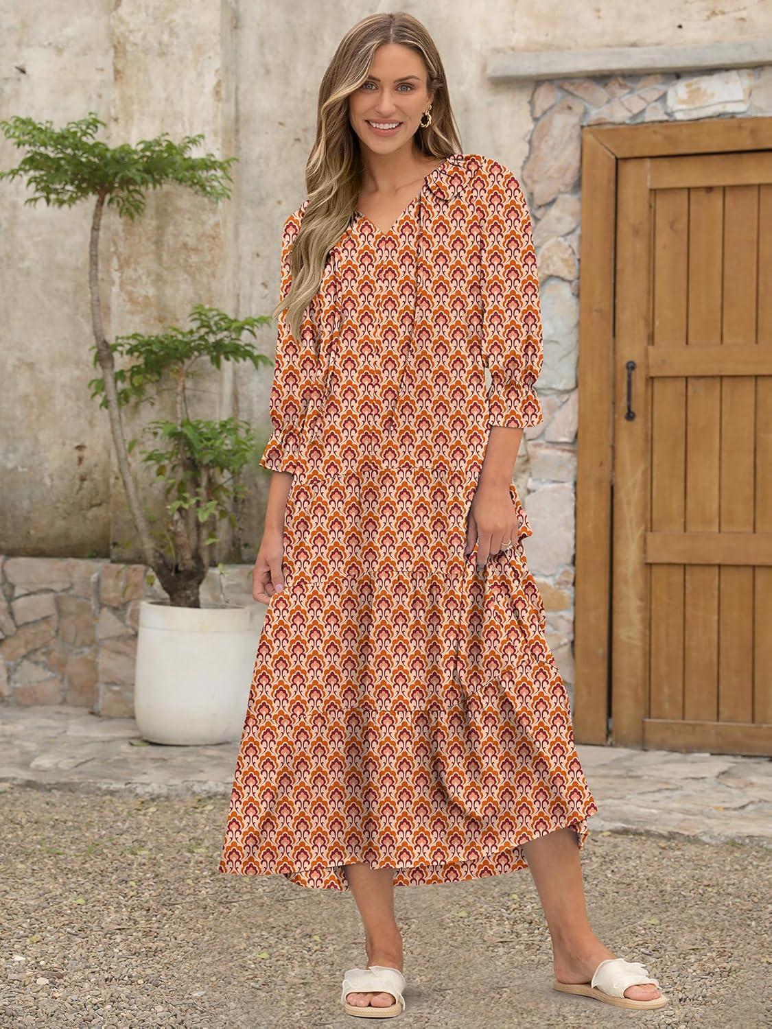 imageANRABESS Womens Boho Maxi Dresses 2025 Summer Casual V Neck Puff Sleeve Floral Tiered Flowy Swing Beach Vacation Long DressFloral Orange