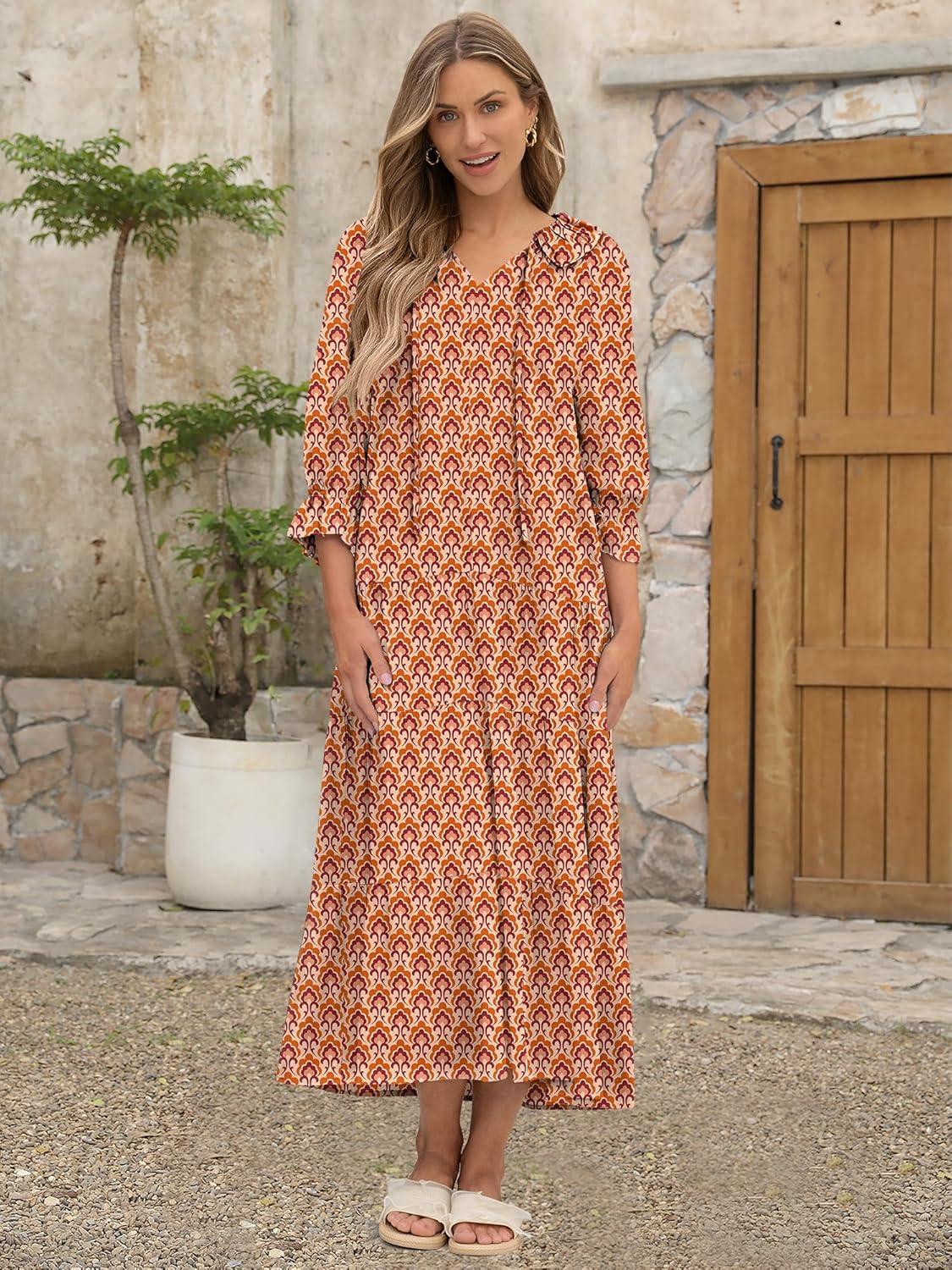 imageANRABESS Womens Boho Maxi Dresses 2025 Summer Casual V Neck Puff Sleeve Floral Tiered Flowy Swing Beach Vacation Long DressFloral Orange