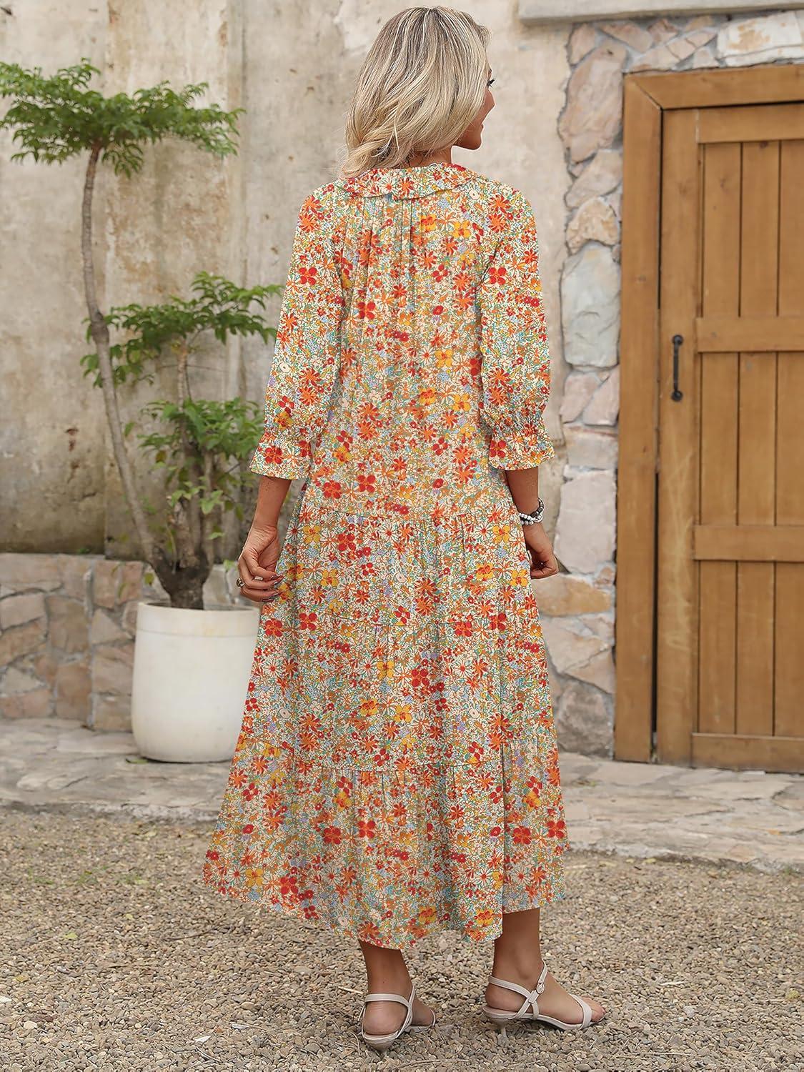 imageANRABESS Womens Boho Maxi Dresses 2025 Summer Casual V Neck Puff Sleeve Floral Tiered Flowy Swing Beach Vacation Long DressFloral Orange Red