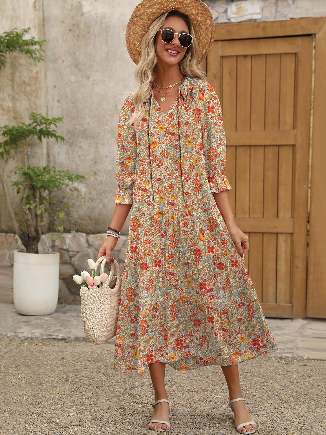 imageANRABESS Womens Boho Maxi Dresses 2025 Summer Casual V Neck Puff Sleeve Floral Tiered Flowy Swing Beach Vacation Long DressFloral Orange Red