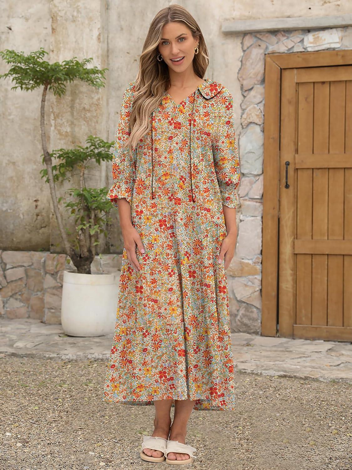 imageANRABESS Womens Boho Maxi Dresses 2025 Summer Casual V Neck Puff Sleeve Floral Tiered Flowy Swing Beach Vacation Long DressFloral Orange Red