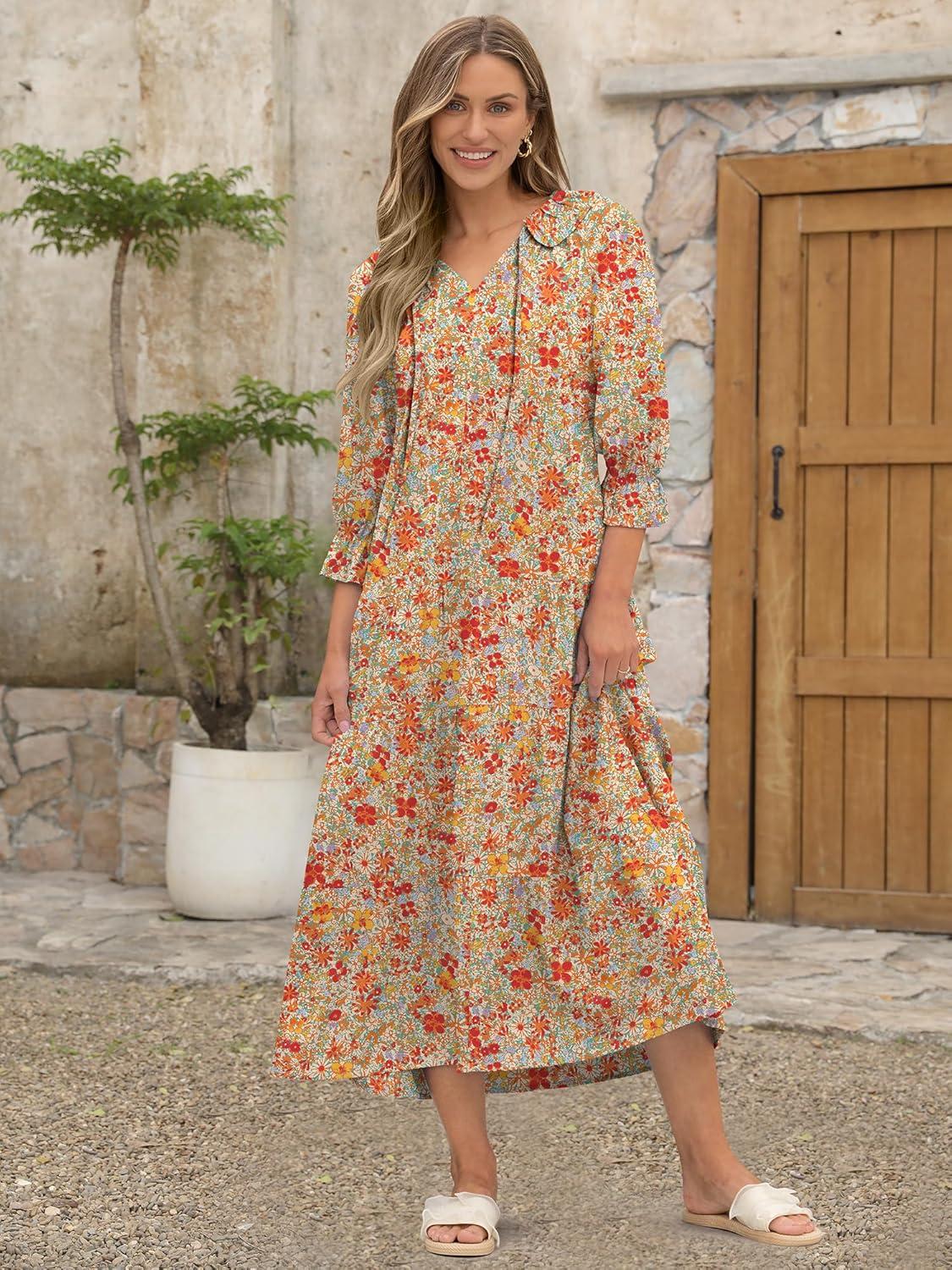 imageANRABESS Womens Boho Maxi Dresses 2025 Summer Casual V Neck Puff Sleeve Floral Tiered Flowy Swing Beach Vacation Long DressFloral Orange Red