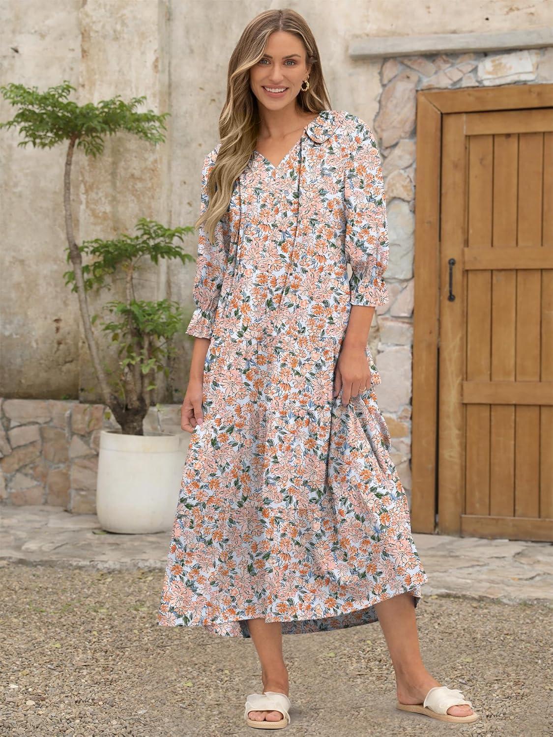 imageANRABESS Womens Boho Maxi Dresses 2025 Summer Casual V Neck Puff Sleeve Floral Tiered Flowy Swing Beach Vacation Long DressFloral Orange White