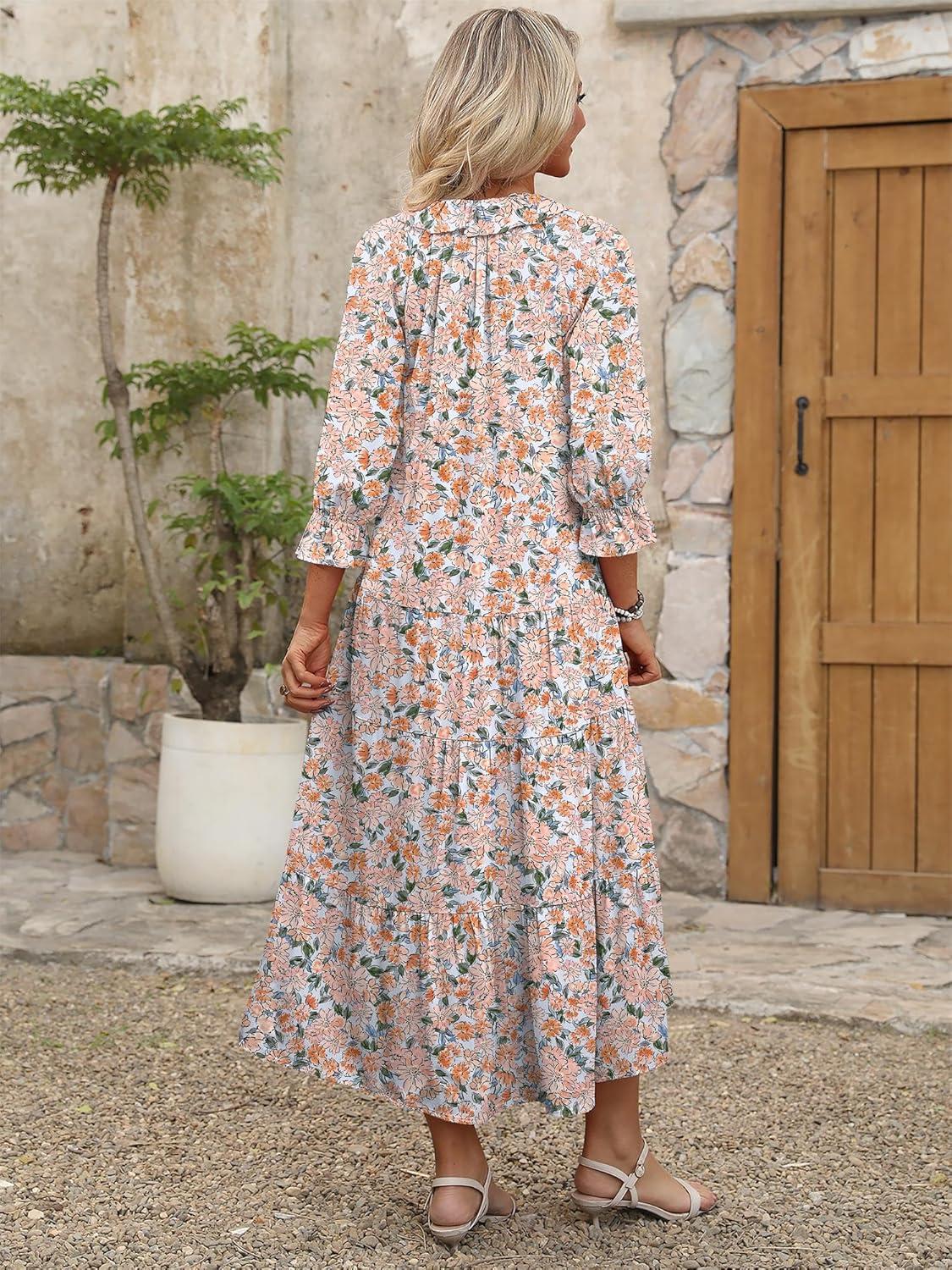 imageANRABESS Womens Boho Maxi Dresses 2025 Summer Casual V Neck Puff Sleeve Floral Tiered Flowy Swing Beach Vacation Long DressFloral Orange White