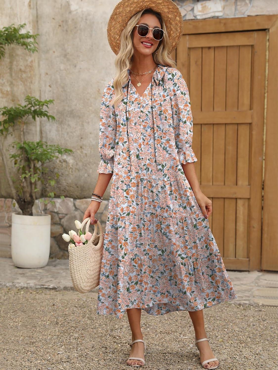 imageANRABESS Womens Boho Maxi Dresses 2025 Summer Casual V Neck Puff Sleeve Floral Tiered Flowy Swing Beach Vacation Long DressFloral Orange White