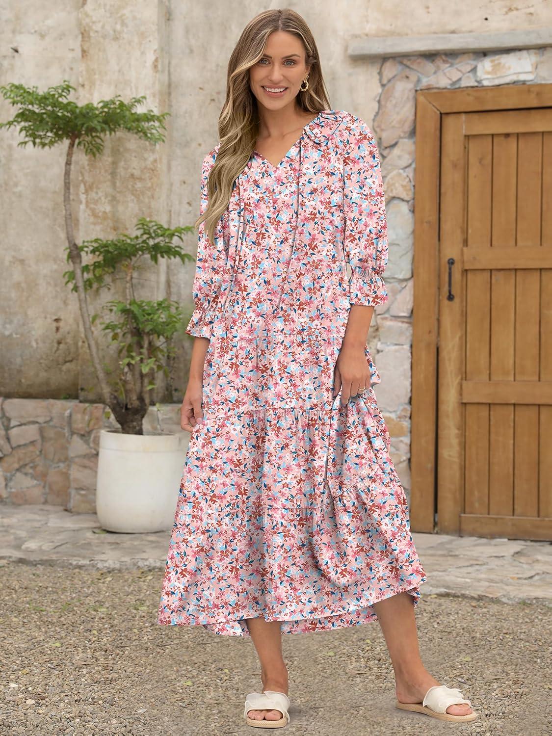 imageANRABESS Womens Boho Maxi Dresses 2025 Summer Casual V Neck Puff Sleeve Floral Tiered Flowy Swing Beach Vacation Long DressFloral Pink Blue