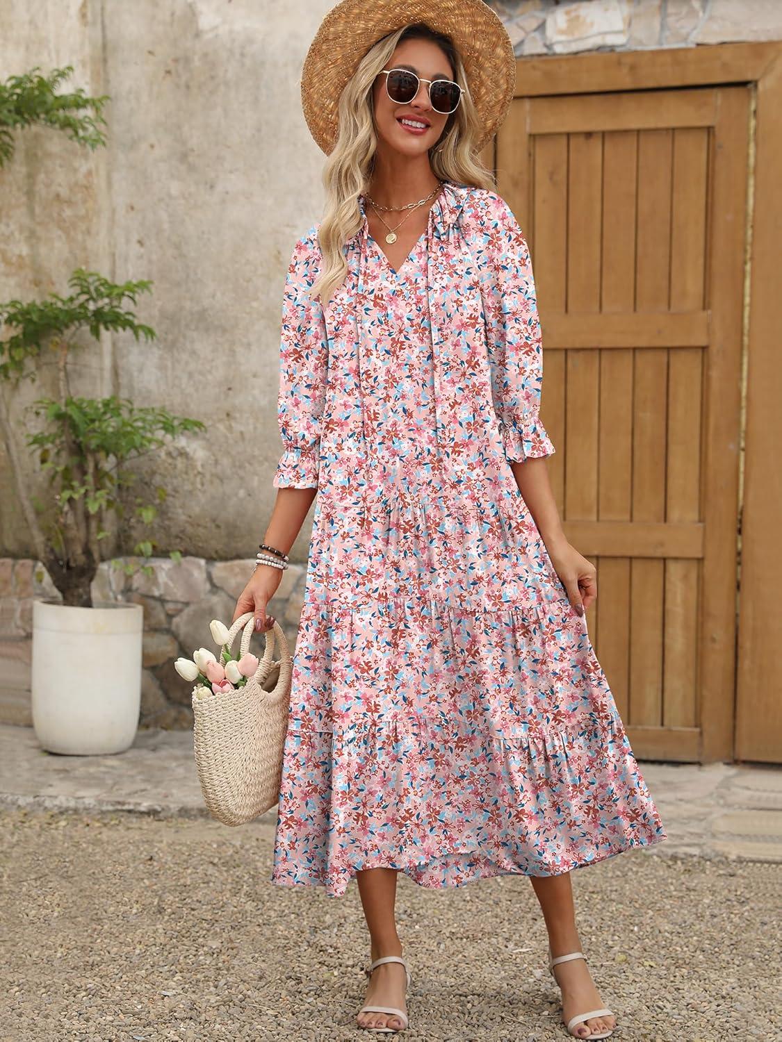 imageANRABESS Womens Boho Maxi Dresses 2025 Summer Casual V Neck Puff Sleeve Floral Tiered Flowy Swing Beach Vacation Long DressFloral Pink Blue