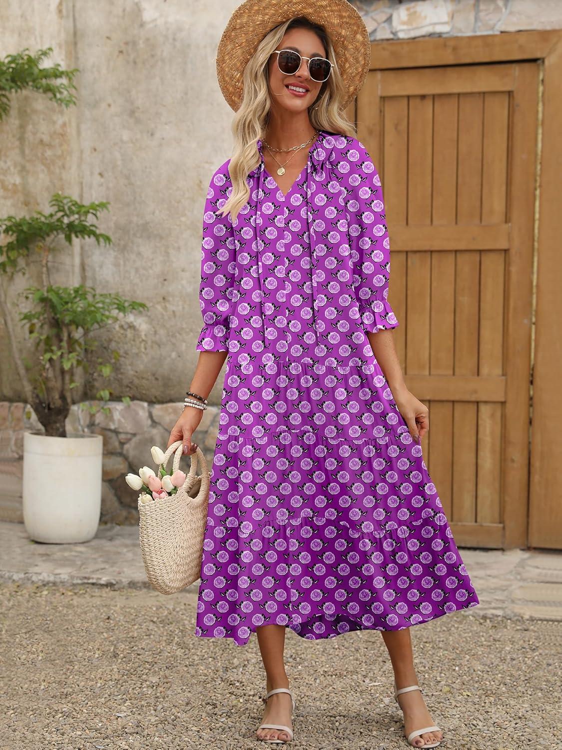 imageANRABESS Womens Boho Maxi Dresses 2025 Summer Casual V Neck Puff Sleeve Floral Tiered Flowy Swing Beach Vacation Long DressFloral Purple