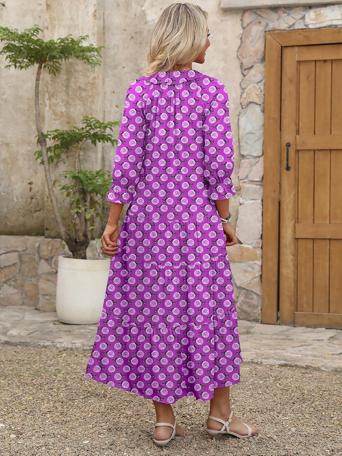 imageANRABESS Womens Boho Maxi Dresses 2025 Summer Casual V Neck Puff Sleeve Floral Tiered Flowy Swing Beach Vacation Long DressFloral Purple