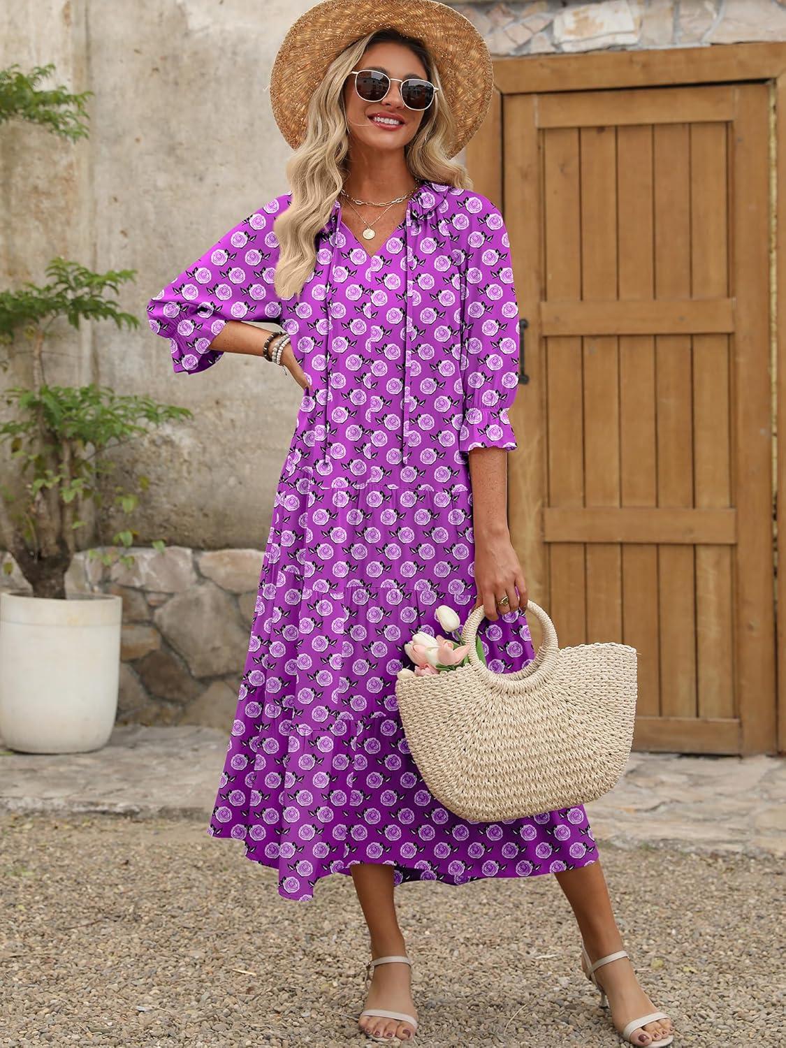imageANRABESS Womens Boho Maxi Dresses 2025 Summer Casual V Neck Puff Sleeve Floral Tiered Flowy Swing Beach Vacation Long DressFloral Purple