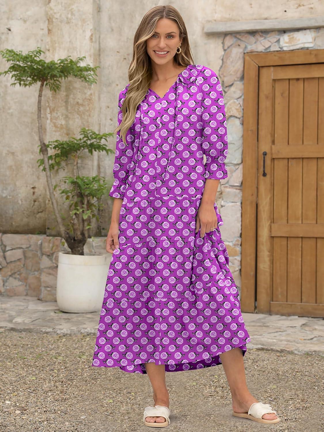 imageANRABESS Womens Boho Maxi Dresses 2025 Summer Casual V Neck Puff Sleeve Floral Tiered Flowy Swing Beach Vacation Long DressFloral Purple