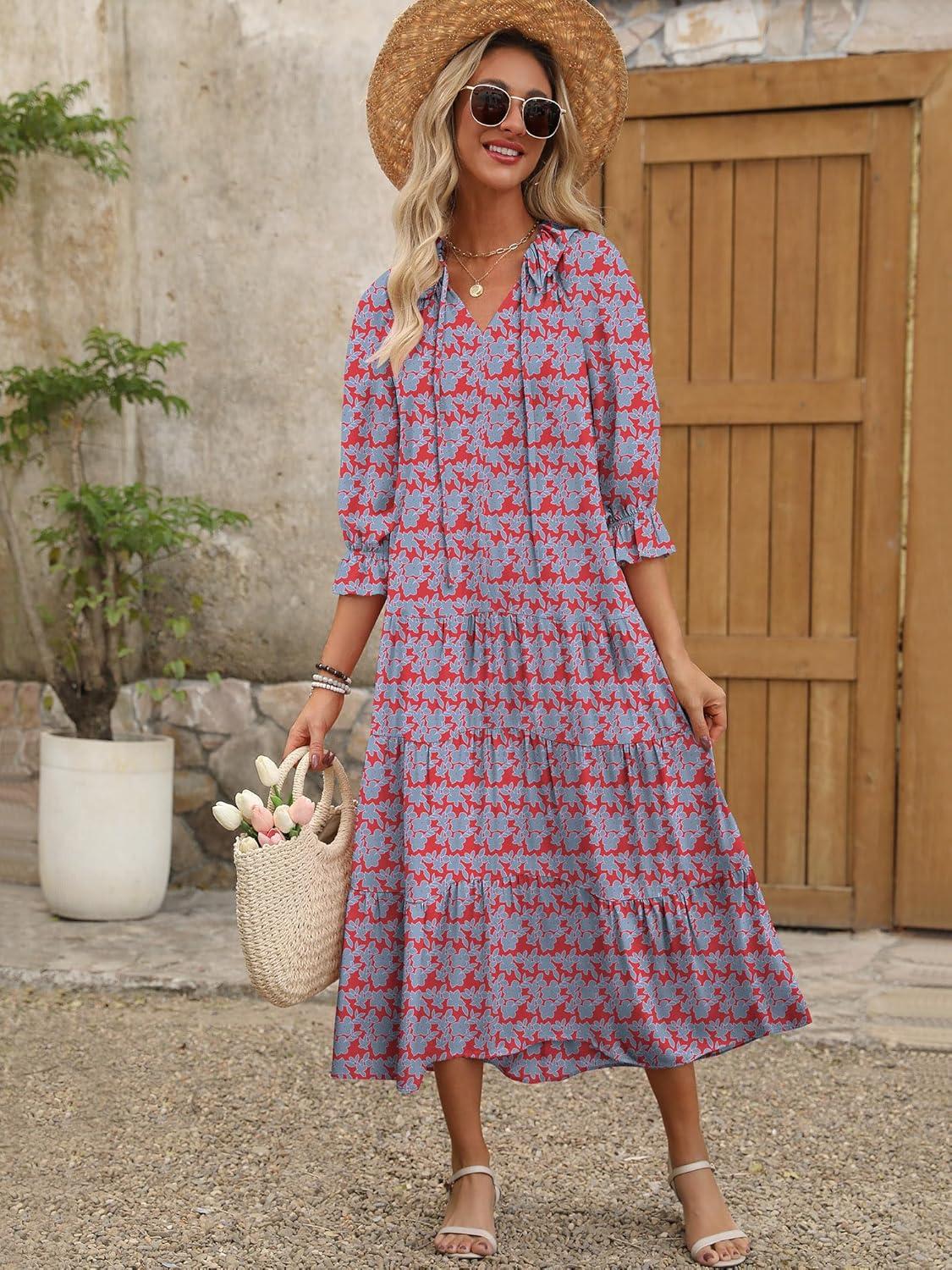 imageANRABESS Womens Boho Maxi Dresses 2025 Summer Casual V Neck Puff Sleeve Floral Tiered Flowy Swing Beach Vacation Long DressFloral Red Blue