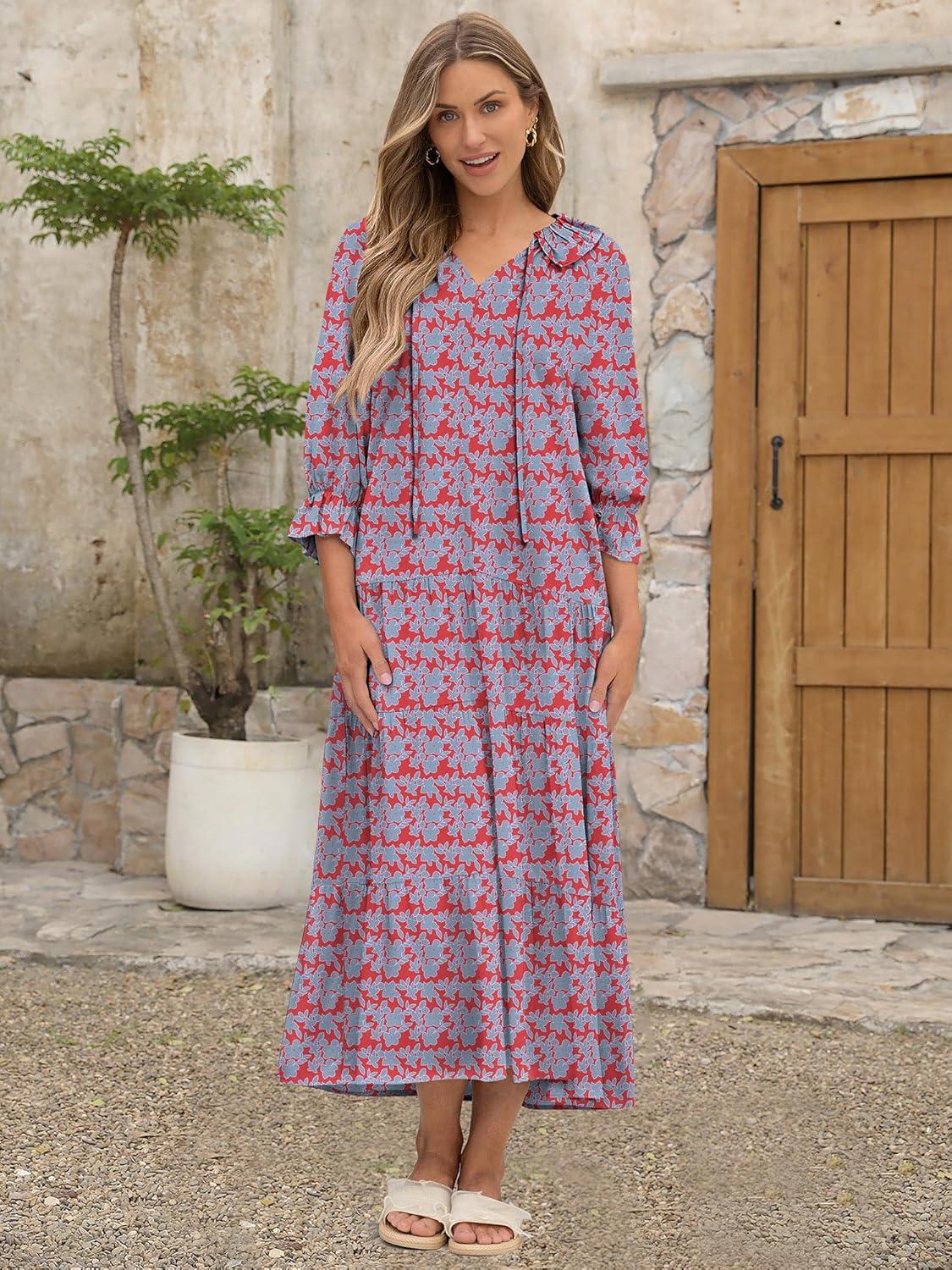 imageANRABESS Womens Boho Maxi Dresses 2025 Summer Casual V Neck Puff Sleeve Floral Tiered Flowy Swing Beach Vacation Long DressFloral Red Blue