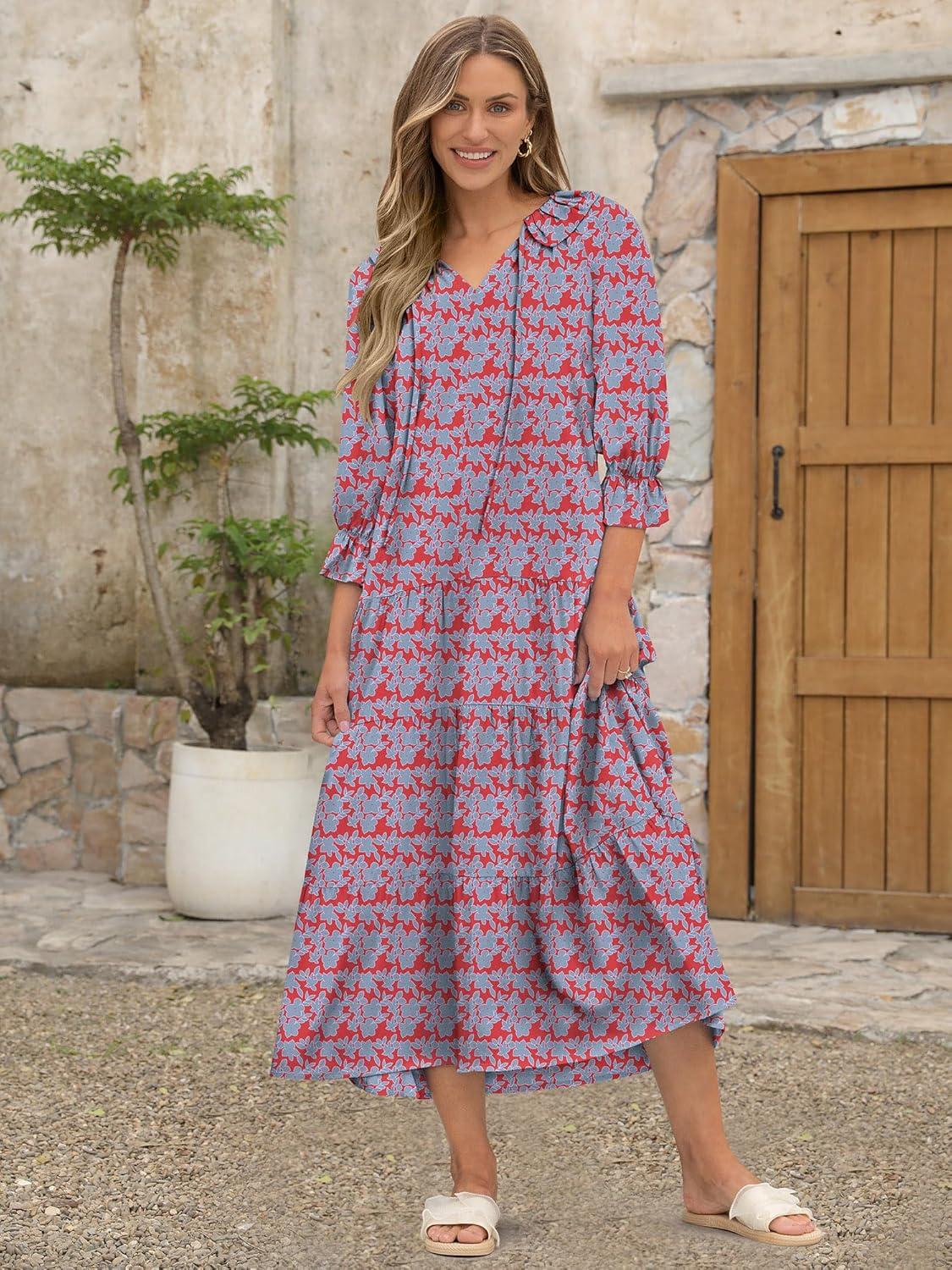imageANRABESS Womens Boho Maxi Dresses 2025 Summer Casual V Neck Puff Sleeve Floral Tiered Flowy Swing Beach Vacation Long DressFloral Red Blue