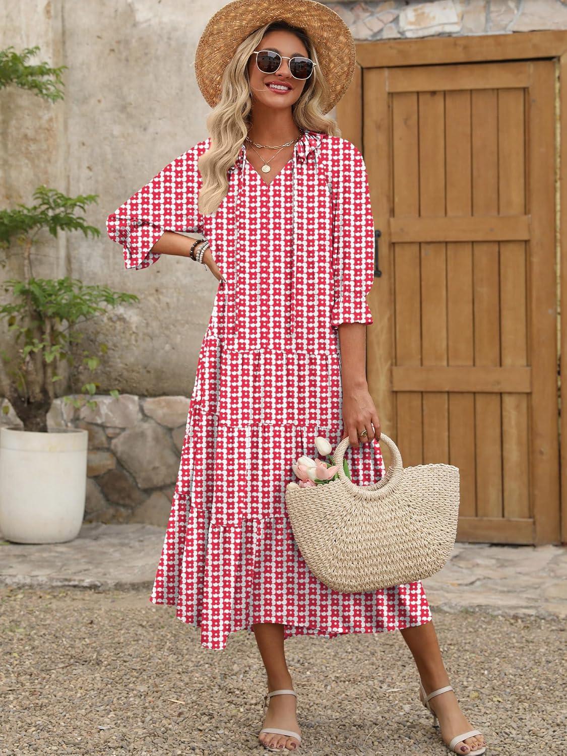 imageANRABESS Womens Boho Maxi Dresses 2025 Summer Casual V Neck Puff Sleeve Floral Tiered Flowy Swing Beach Vacation Long DressFloral Red White