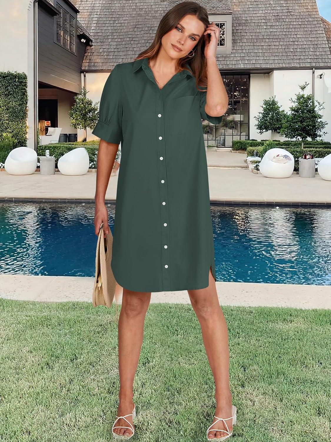 imageANRABESS Womens Button Down Shirt Dress Summer Short Sleeve Business Casual Shift Dresses with Pockets 2025 TrendyArmy Green