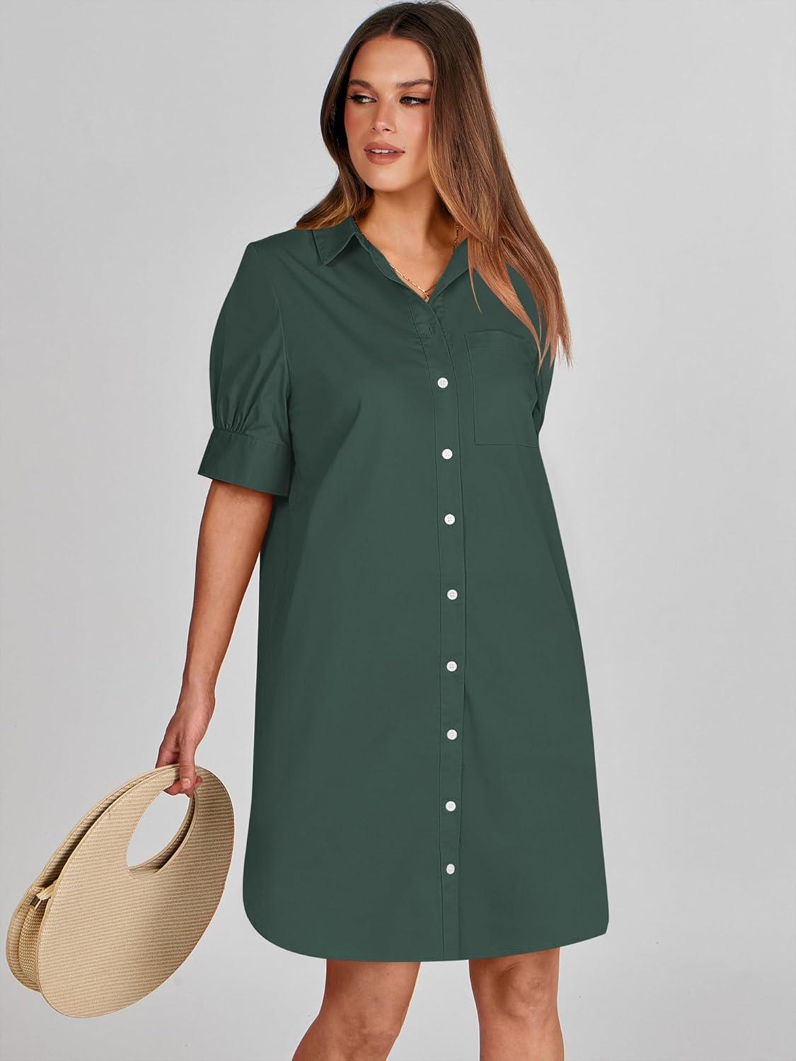 imageANRABESS Womens Button Down Shirt Dress Summer Short Sleeve Business Casual Shift Dresses with Pockets 2025 TrendyArmy Green