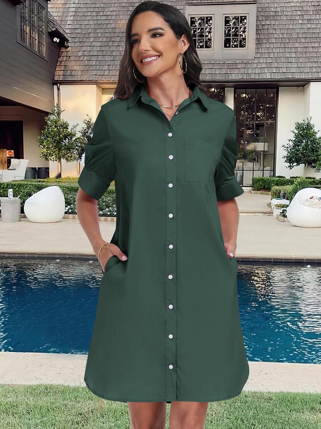 imageANRABESS Womens Button Down Shirt Dress Summer Short Sleeve Business Casual Shift Dresses with Pockets 2025 TrendyArmy Green