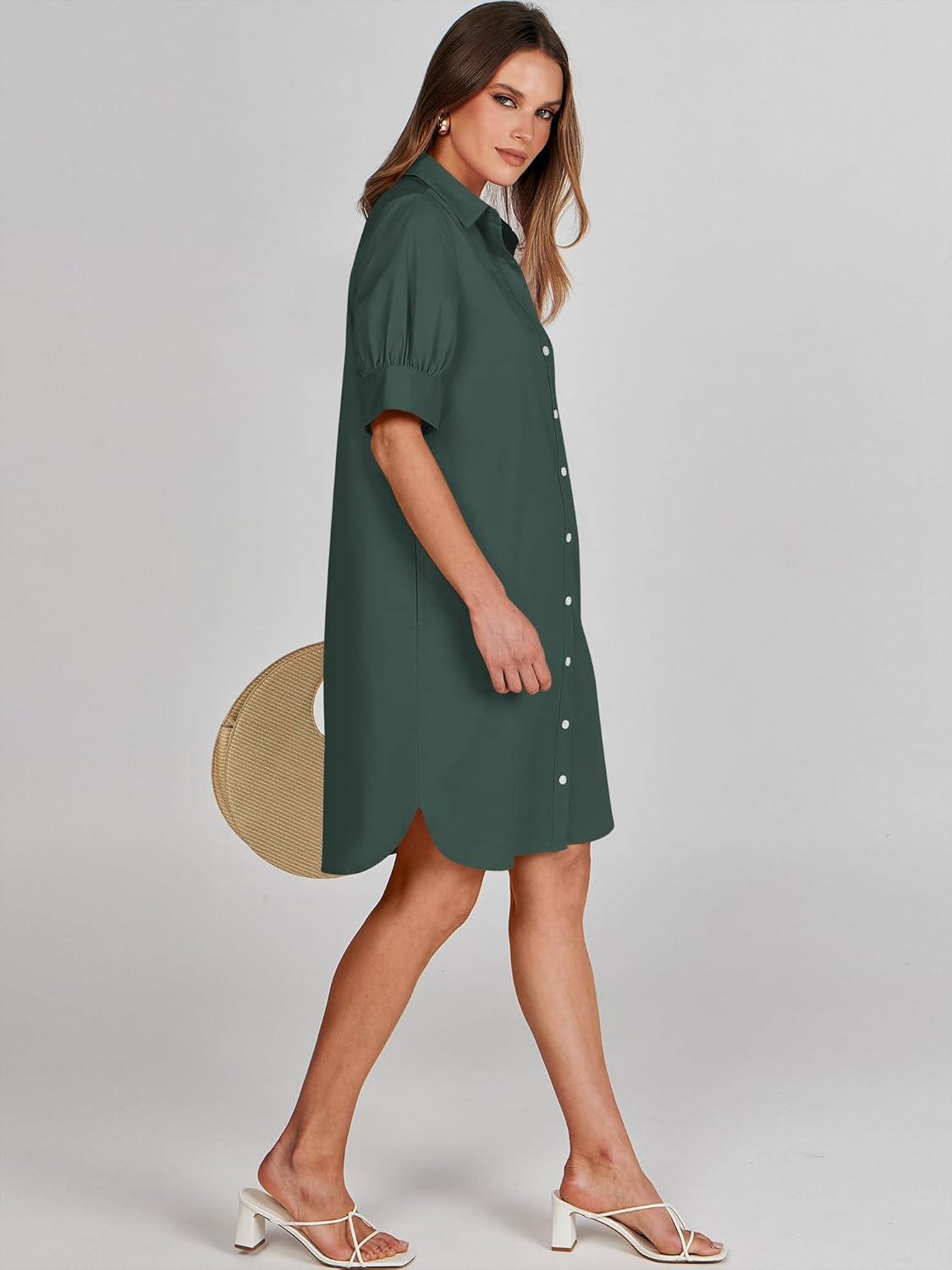 imageANRABESS Womens Button Down Shirt Dress Summer Short Sleeve Business Casual Shift Dresses with Pockets 2025 TrendyArmy Green