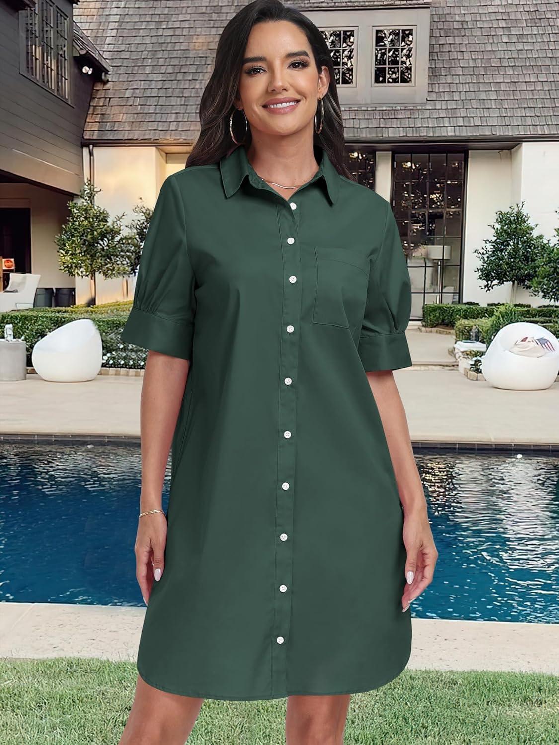 imageANRABESS Womens Button Down Shirt Dress Summer Short Sleeve Business Casual Shift Dresses with Pockets 2025 TrendyArmy Green