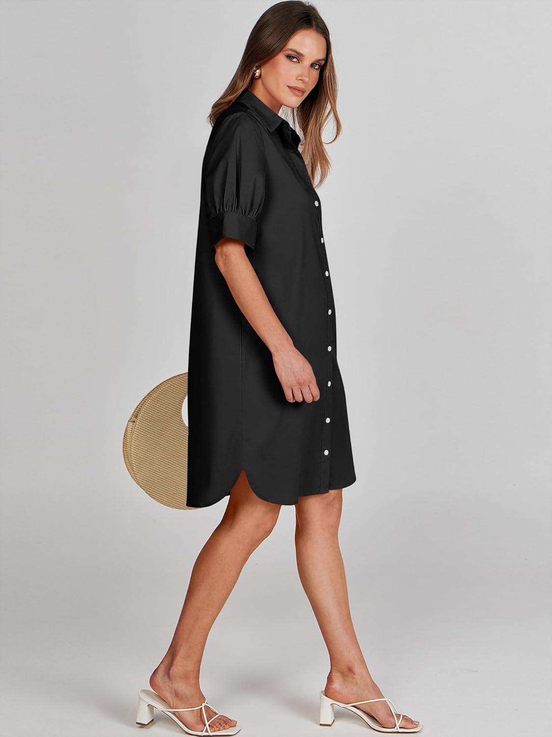 imageANRABESS Womens Button Down Shirt Dress Summer Short Sleeve Business Casual Shift Dresses with Pockets 2025 TrendyBlack