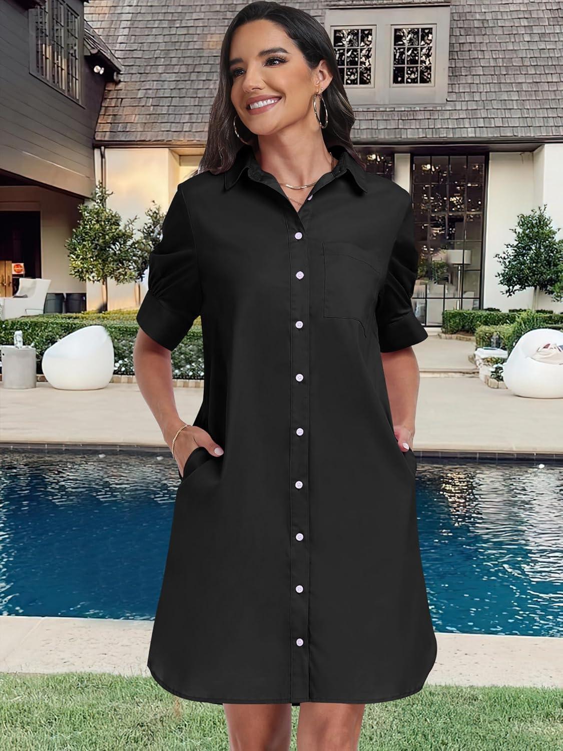 imageANRABESS Womens Button Down Shirt Dress Summer Short Sleeve Business Casual Shift Dresses with Pockets 2025 TrendyBlack