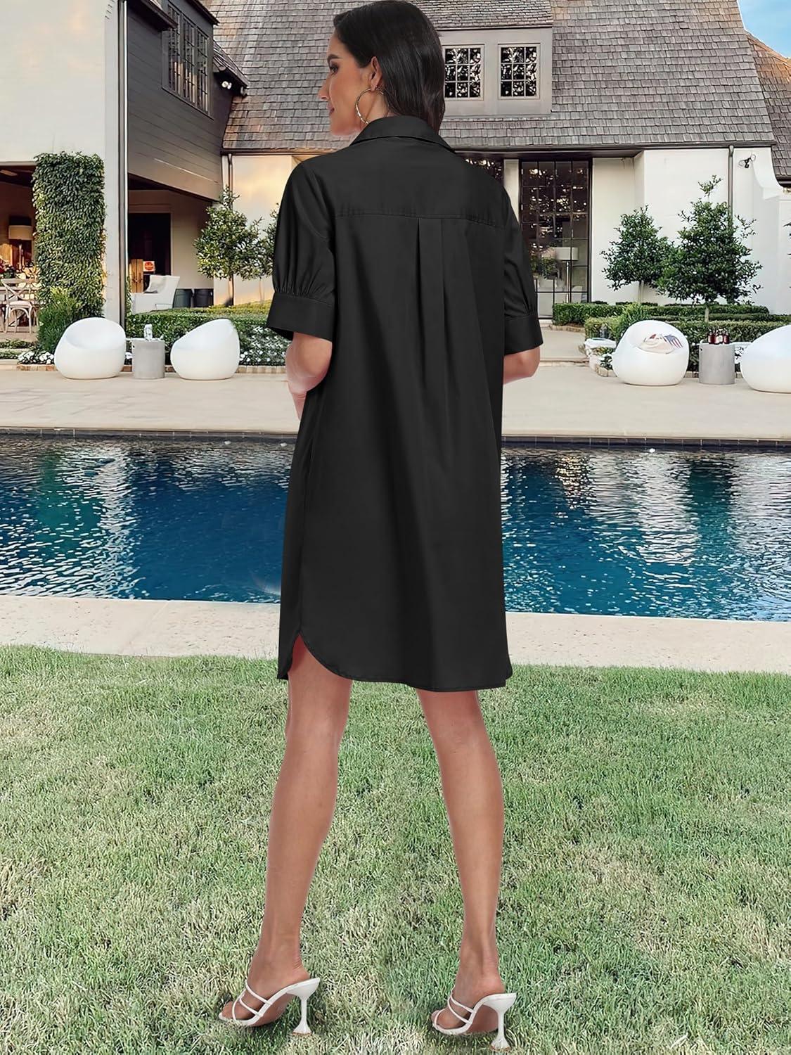 imageANRABESS Womens Button Down Shirt Dress Summer Short Sleeve Business Casual Shift Dresses with Pockets 2025 TrendyBlack