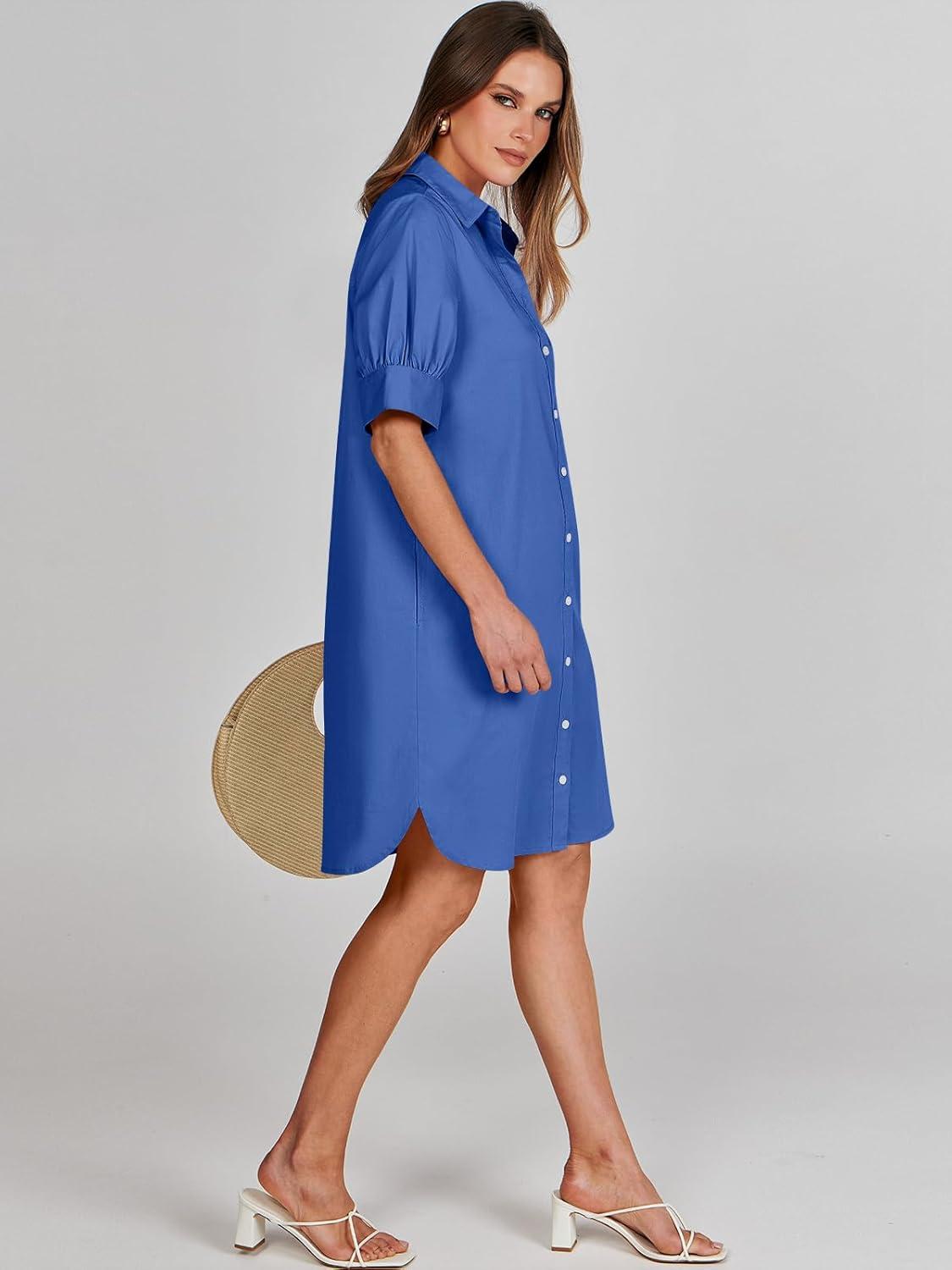 imageANRABESS Womens Button Down Shirt Dress Summer Short Sleeve Business Casual Shift Dresses with Pockets 2025 TrendyDeep Blue