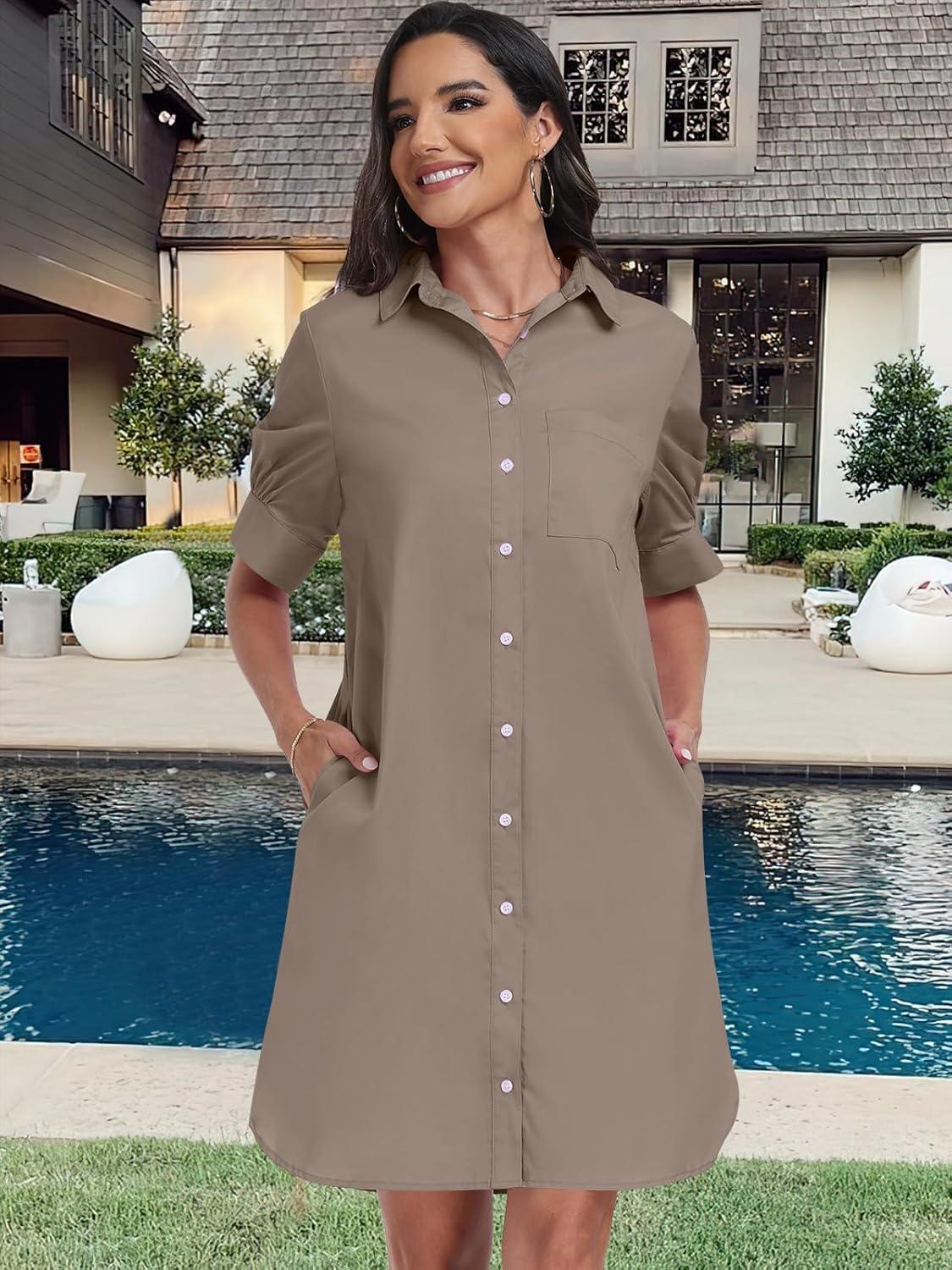 imageANRABESS Womens Button Down Shirt Dress Summer Short Sleeve Business Casual Shift Dresses with Pockets 2025 TrendyDeep Khaki