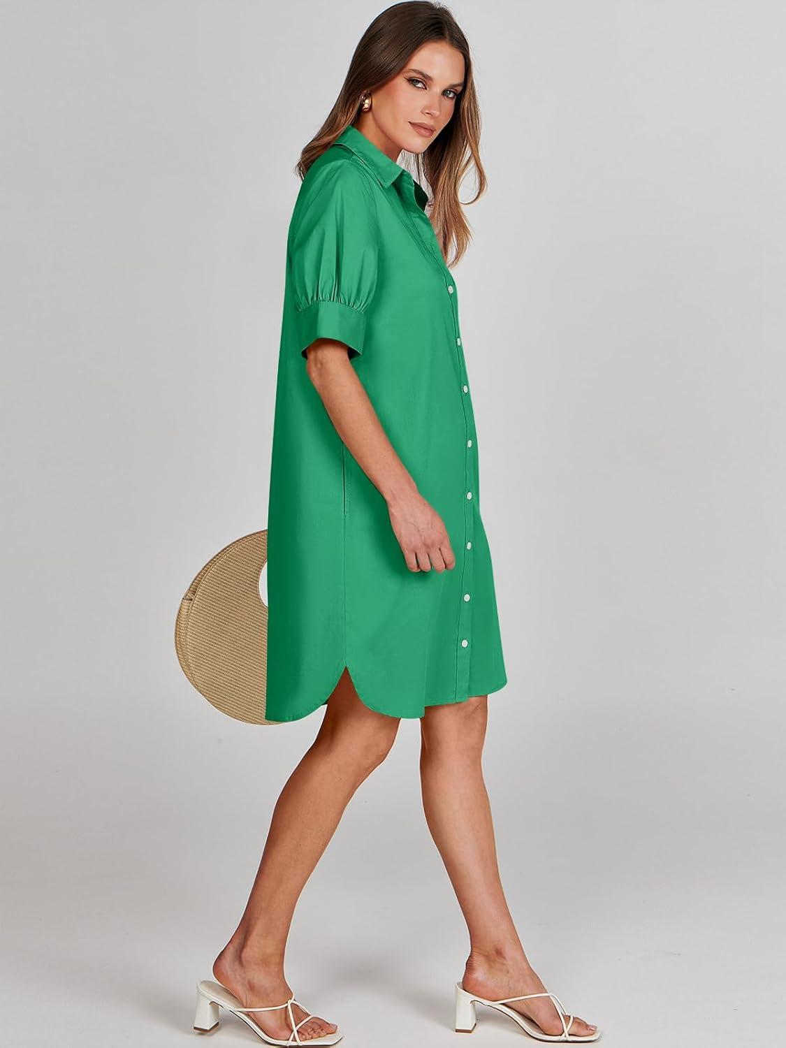 imageANRABESS Womens Button Down Shirt Dress Summer Short Sleeve Business Casual Shift Dresses with Pockets 2025 TrendyGreen