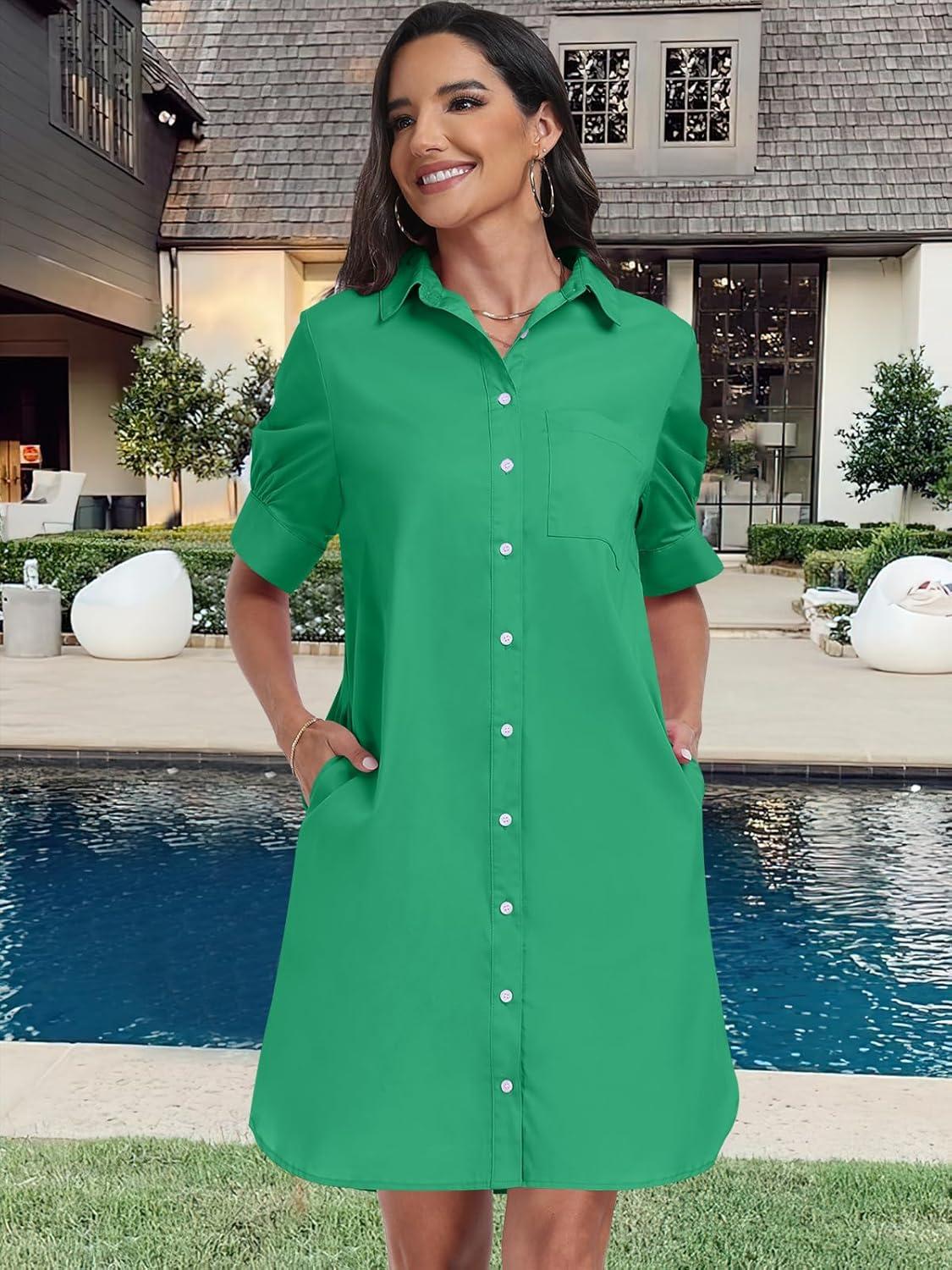 imageANRABESS Womens Button Down Shirt Dress Summer Short Sleeve Business Casual Shift Dresses with Pockets 2025 TrendyGreen