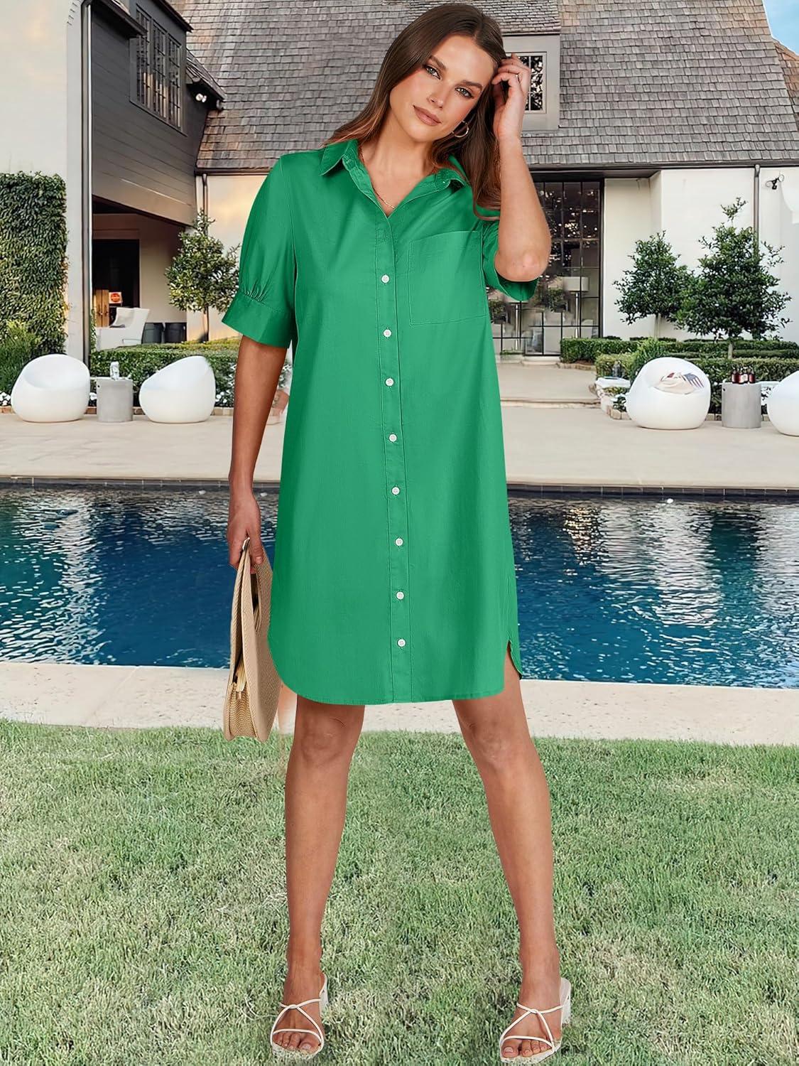 imageANRABESS Womens Button Down Shirt Dress Summer Short Sleeve Business Casual Shift Dresses with Pockets 2025 TrendyGreen