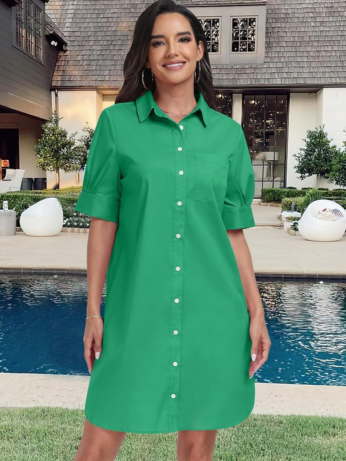 imageANRABESS Womens Button Down Shirt Dress Summer Short Sleeve Business Casual Shift Dresses with Pockets 2025 TrendyGreen