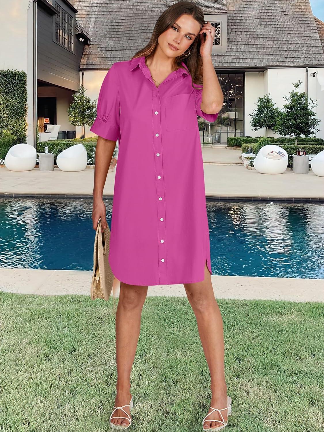 imageANRABESS Womens Button Down Shirt Dress Summer Short Sleeve Business Casual Shift Dresses with Pockets 2025 TrendyHot Pink