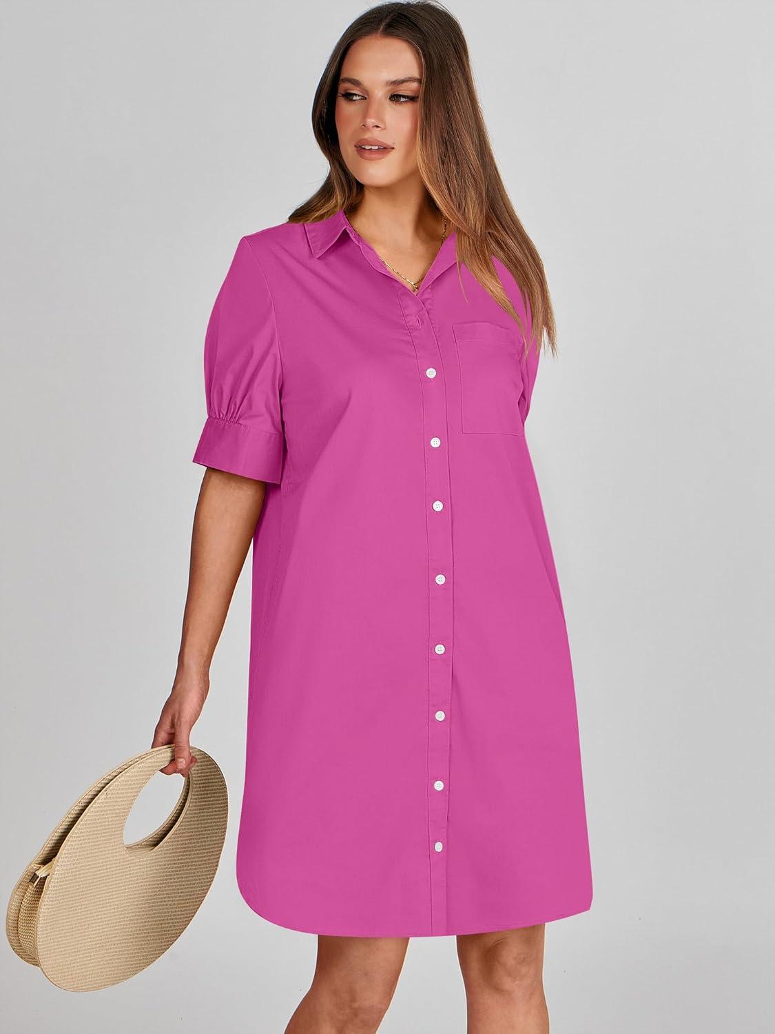 imageANRABESS Womens Button Down Shirt Dress Summer Short Sleeve Business Casual Shift Dresses with Pockets 2025 TrendyHot Pink