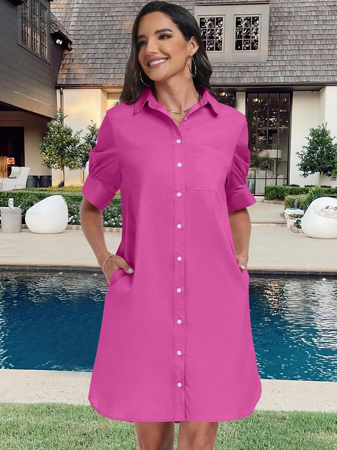 imageANRABESS Womens Button Down Shirt Dress Summer Short Sleeve Business Casual Shift Dresses with Pockets 2025 TrendyHot Pink