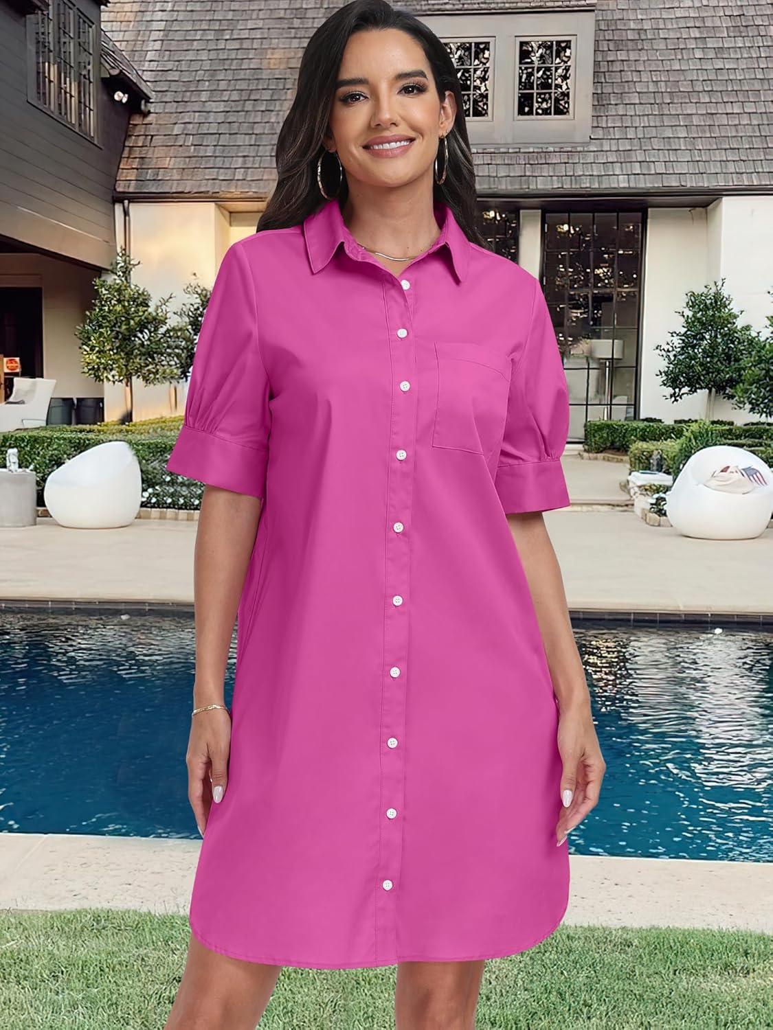 imageANRABESS Womens Button Down Shirt Dress Summer Short Sleeve Business Casual Shift Dresses with Pockets 2025 TrendyHot Pink