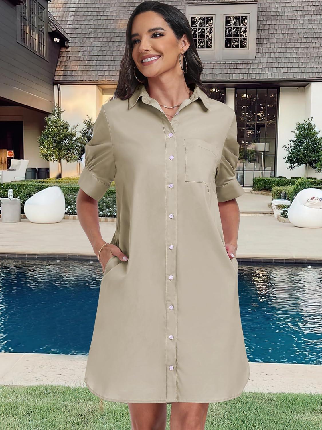 imageANRABESS Womens Button Down Shirt Dress Summer Short Sleeve Business Casual Shift Dresses with Pockets 2025 TrendyKhaki